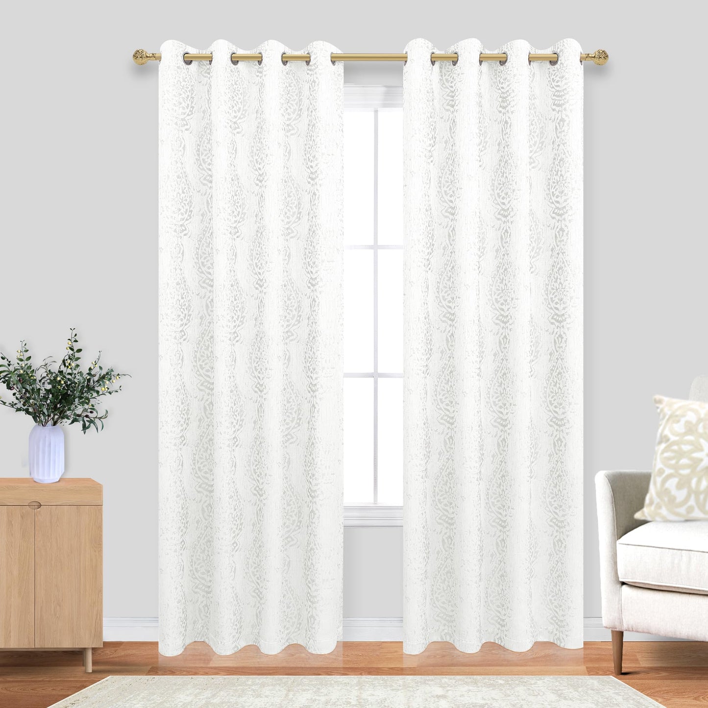 Mrs.Naturall Off White Curtains 84 Inches Long for Bedroom,Jacquard Embossed Damask Moroccan Semi Room Darkening Boho Pattern Design Curtains 84 Inch Length 2 Panels Set,Cream Ivory
