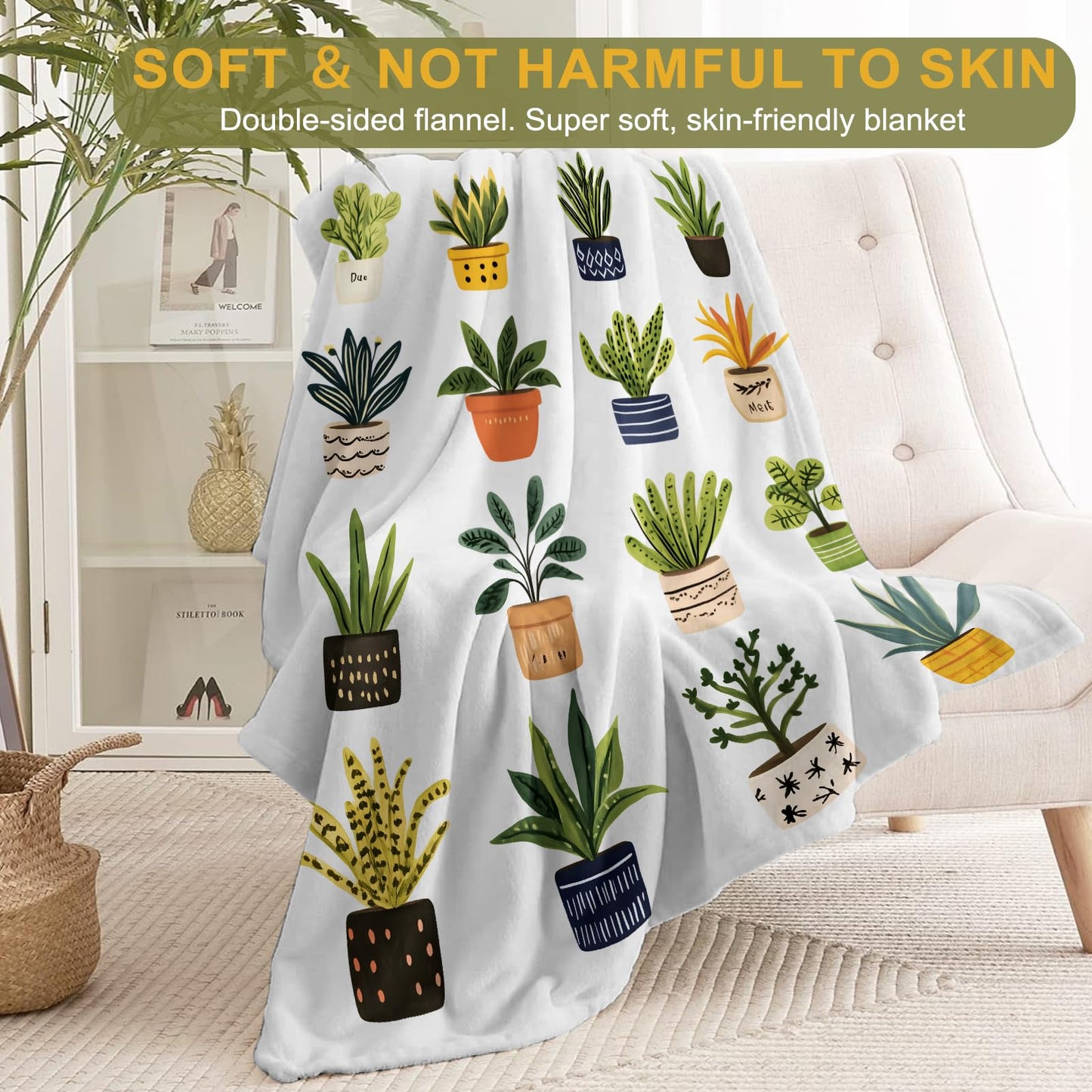 ainori Potted Plant Branches Flannel Blanket - Lightweight Soft Cozy Unique Gifts Blankets for Botanical Lovers,Kids,Adult,Women,Modern Minimalist Throw,Home Room Modern Decor 50x60in