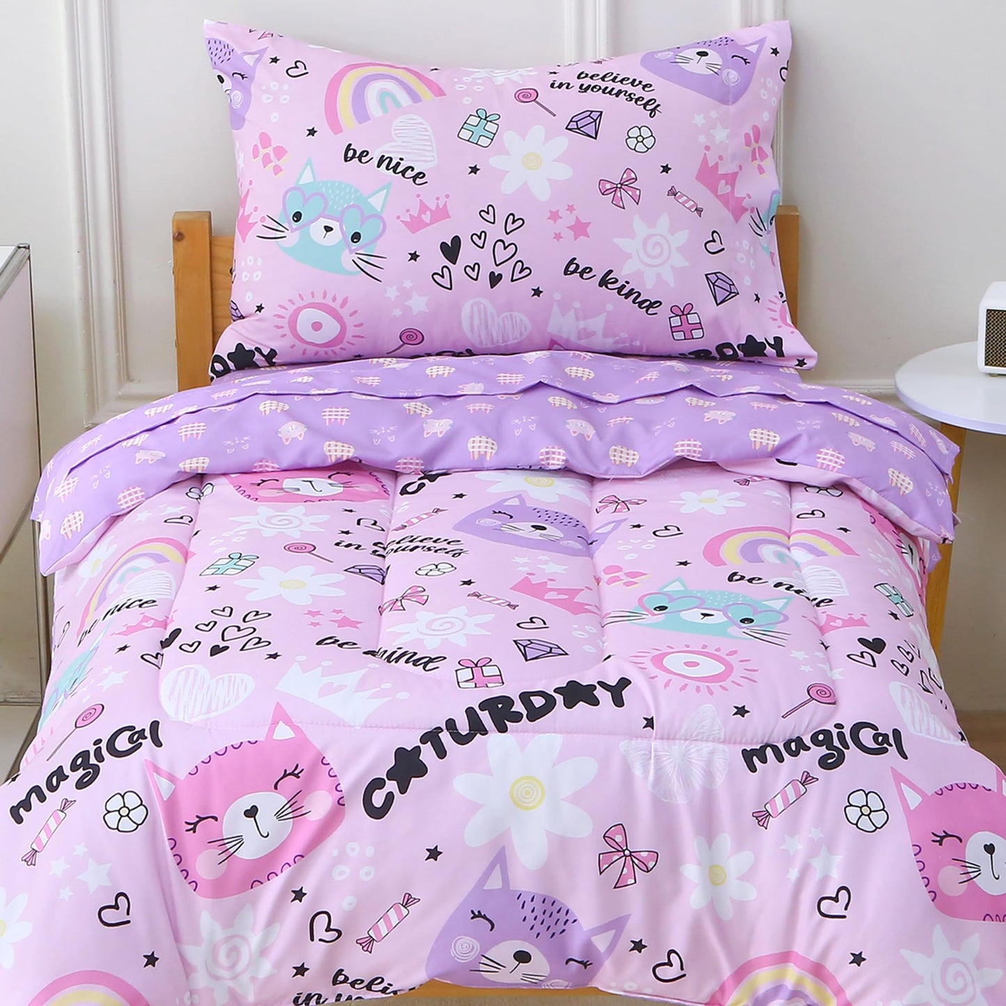 Viviland Purple Cat Toddler Comforter Sets, Cute Girls Toddler Bedding Set, Soft Microfiber Toddler Bed Set