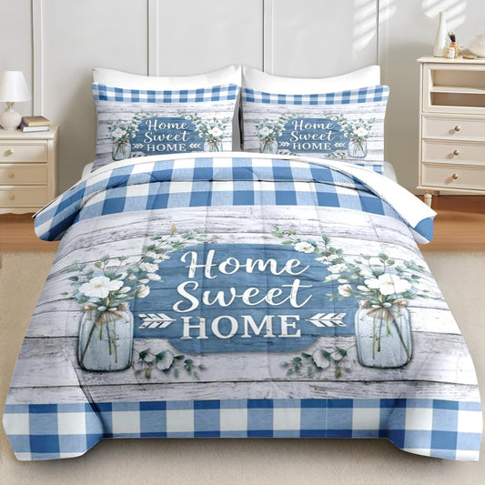 Boewywh 7 Pcs Comforter Set Queen Size, Farmhouse Blue Rustic Bedding for Kids and Adults, Checkered Floral Bed Sheet Sets with Fitted Sheet 2 Pillowcases & 2 Shams for Bedroom Bed Decor