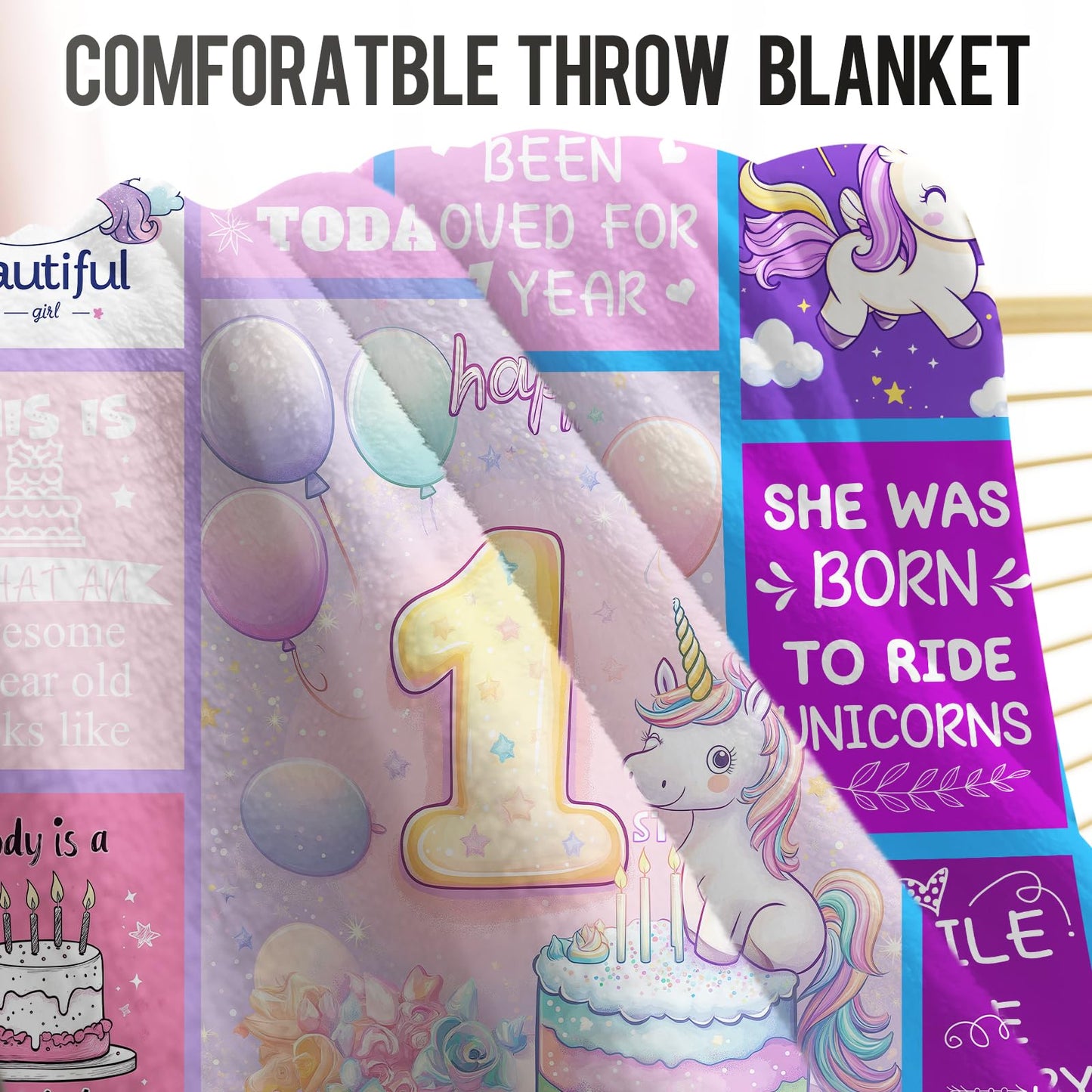 Levens 1 Year Old Girl Birthday Gift Blanket 50"x60" Gifts for One Year Old Kids Girls Baby First Birthday Throw Blankets Happy 1st Birthday Decorations Cute Unicorn Print Soft Flannel Blanket