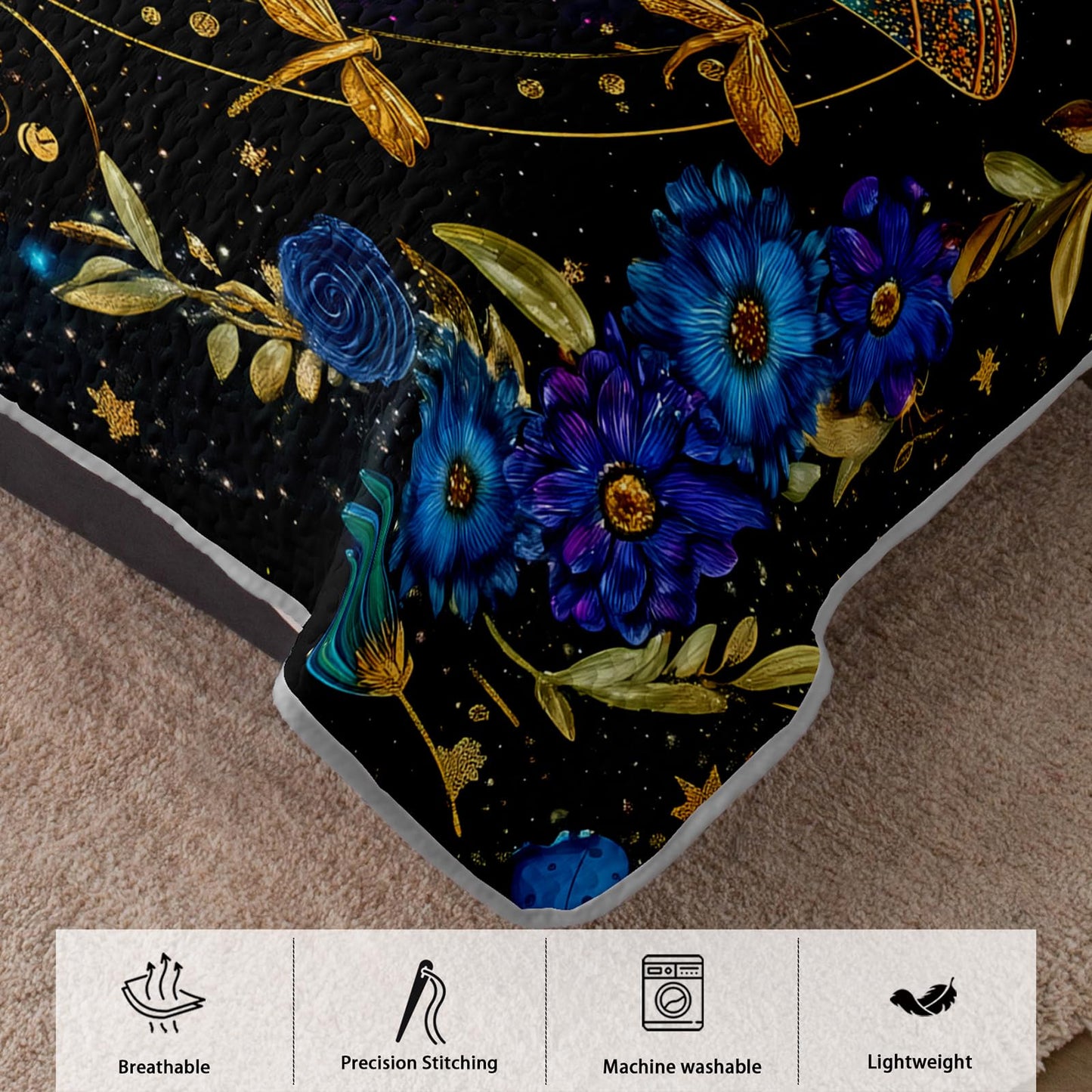 AILONEN Full Quilted Comforter Set 3 Piece, Teal Blue Dragonfly Bedspread Coverlet with 2 Pillowcases, Soft Elegant Gold Floral Quilted Bedding for Teens