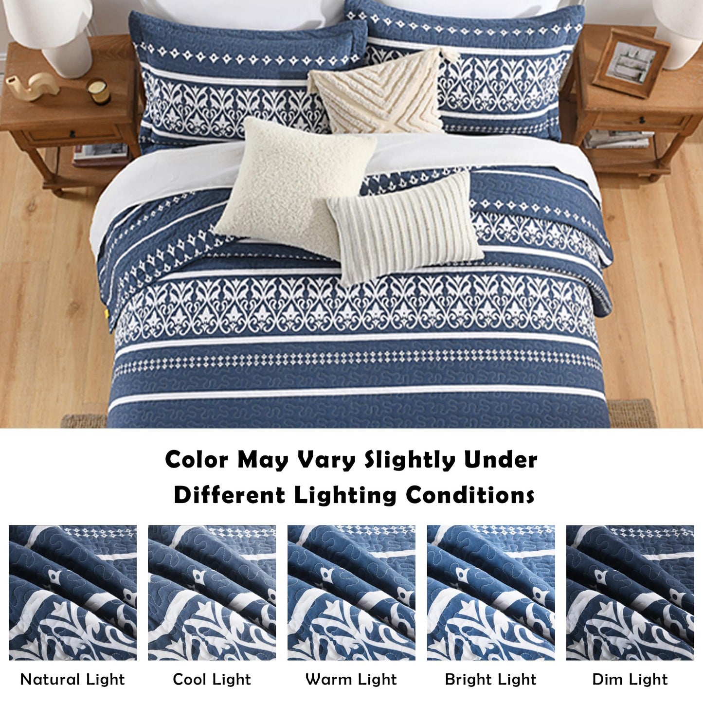BCOTTOND Quilt Set 100% Cotton Boho Striped King Quilt,Navy Blue Quilt King Size Bohemian Pattern King Bedspread Lightweight All Season 3 Piece