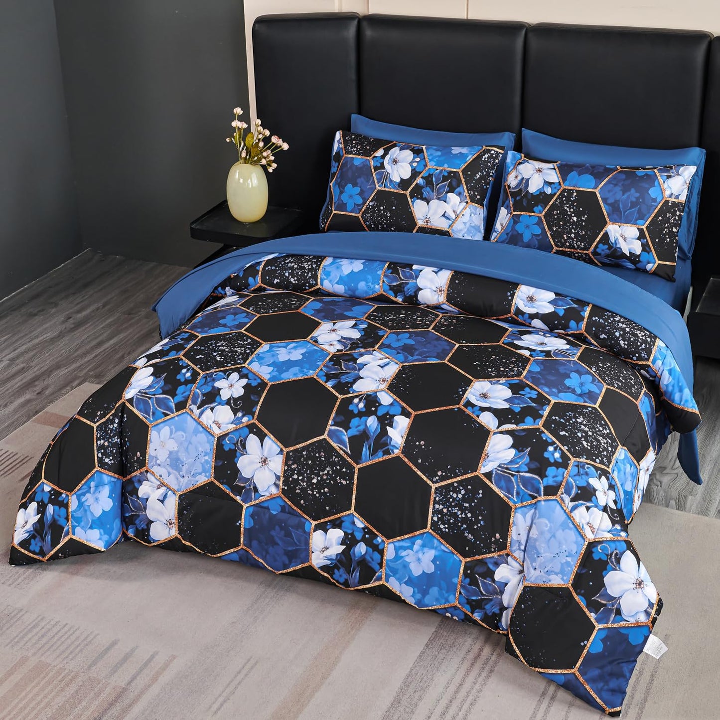 ANGIYUIN 7 Pieces Blue Black Full Size Bedding Sets Marble Comforter Set White Floral Bedding Comforter Sets Gold Geometric Bed in A Bag with Sheets for Women Men