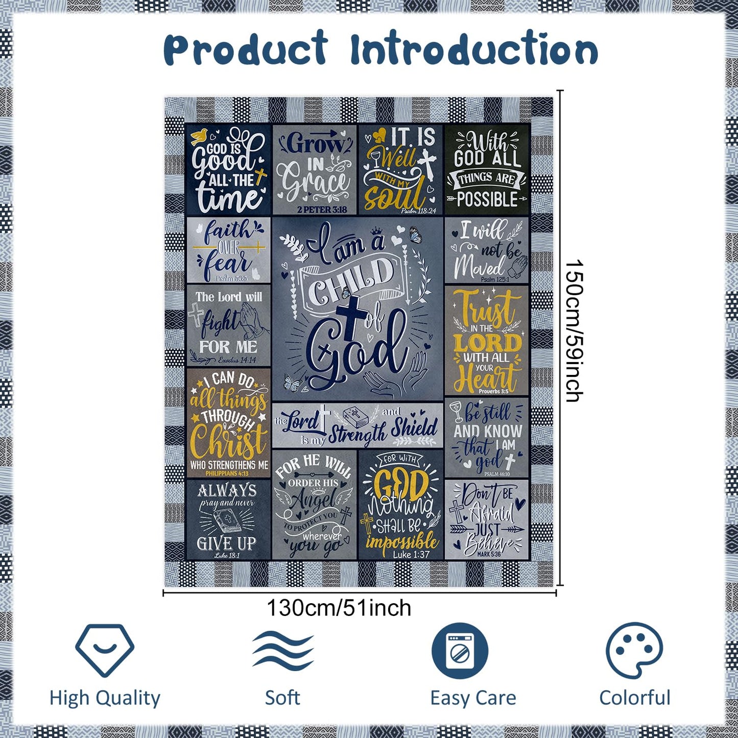 Wxiben Christian Gifts Blanket for Men - I Am A Child of God Throw Blanket Inspirational Religious Baptism Gift Birthday Christmas Catholic Faith Bible Gifts for Boys Priest Teenage 60 x 50 Inches