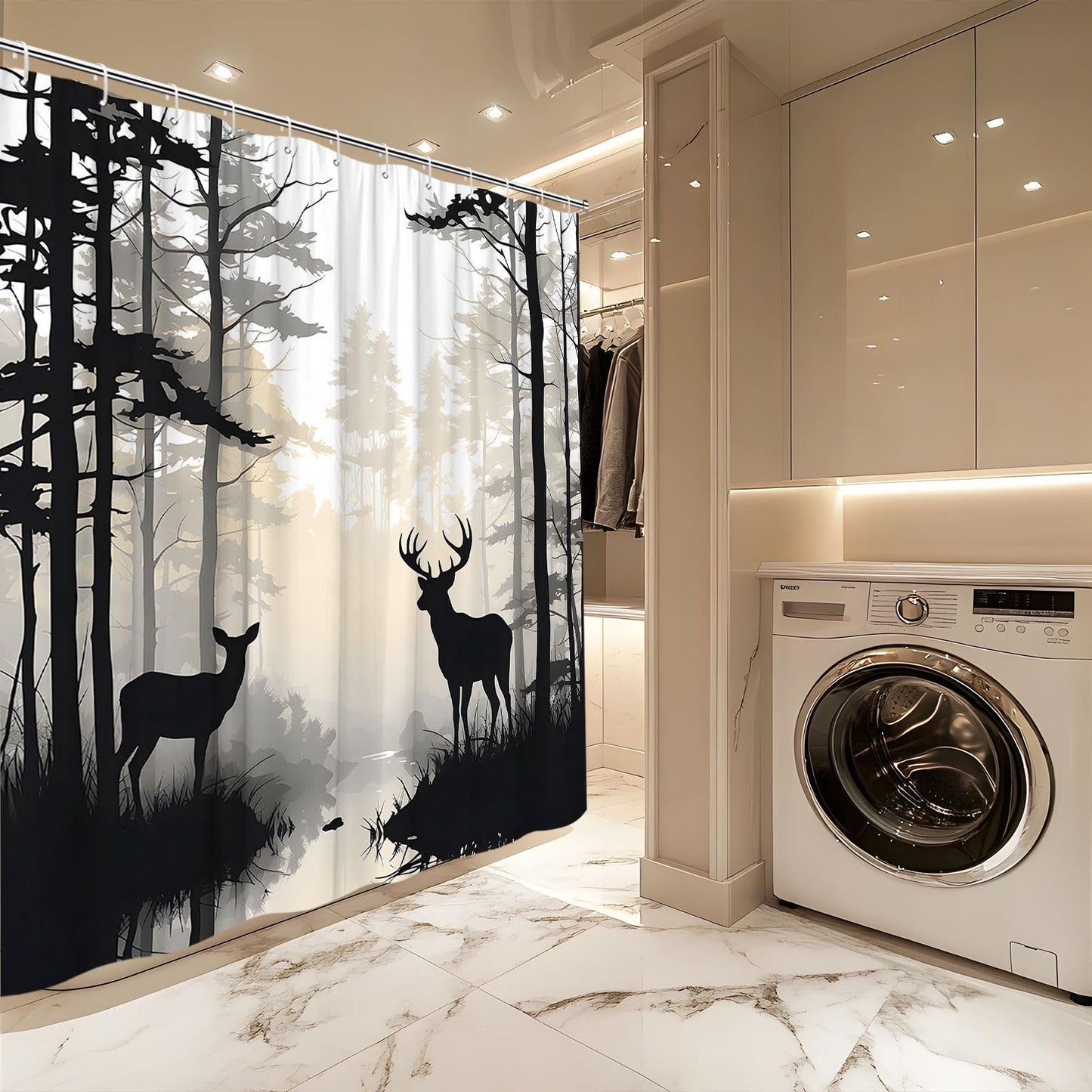 HYEEHY Forest Deer Shower Curtain Foggy Wildlife Hunnting Rustic Cabin Lodge Country Farmhouse Pine Tree Grey Elk Moose Shower Curtains Set Bathroom Polyester Fabric with Hooks (70" W x 70" L)