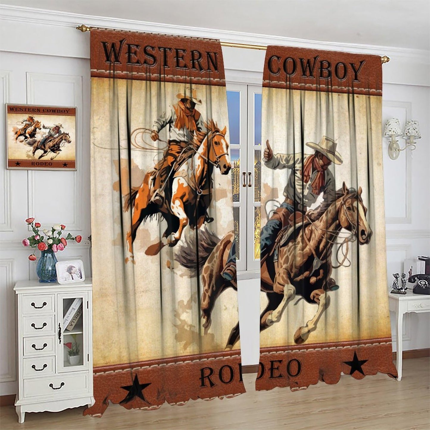 LOMADIA Cowboy Horse Blackout Curtain, Rustic Old Western Farm Retro Farmhouse Cowboy Pattern Drapes Window 2 Panel Rod Pocket Curtain for Kitchen Living Room Bedroom Deocr 42x45in