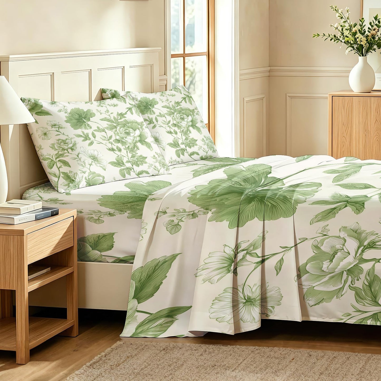 Green Floral California King Bedding Set Farmhouse Botanical Sheet Sets