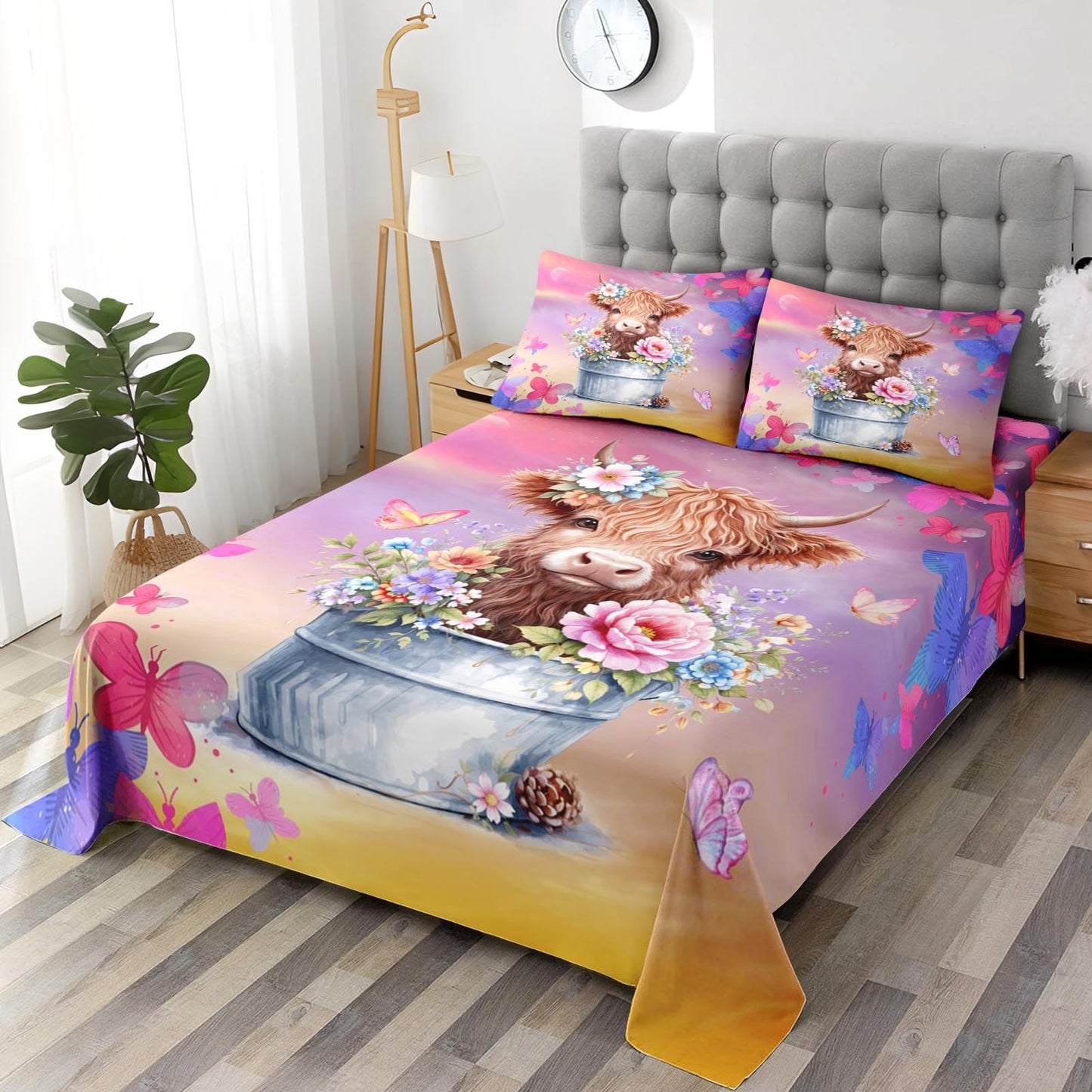 WeCozy 4 Pcs Queen Size Bed Sheet Sets with 2 Pillowcases, Cow Butterfly Floral Soft Microfiber Bedding for Kids and Adults, Boho Highland Cow Flat, Fitted Sheet for Bedroom Bed Decor
