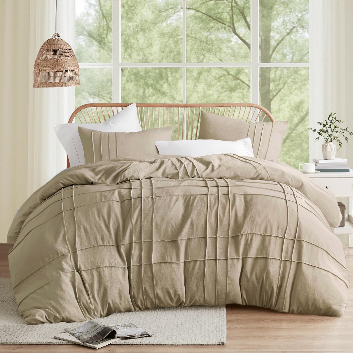 Comfort Spaces Khaki King Size Comforter Set - 3 Pieces Pintuck Pleated Bedding Sets, All Season Lightweight, Extra Softness Pre-Washed Microfiber King Bed Set, Shams, King