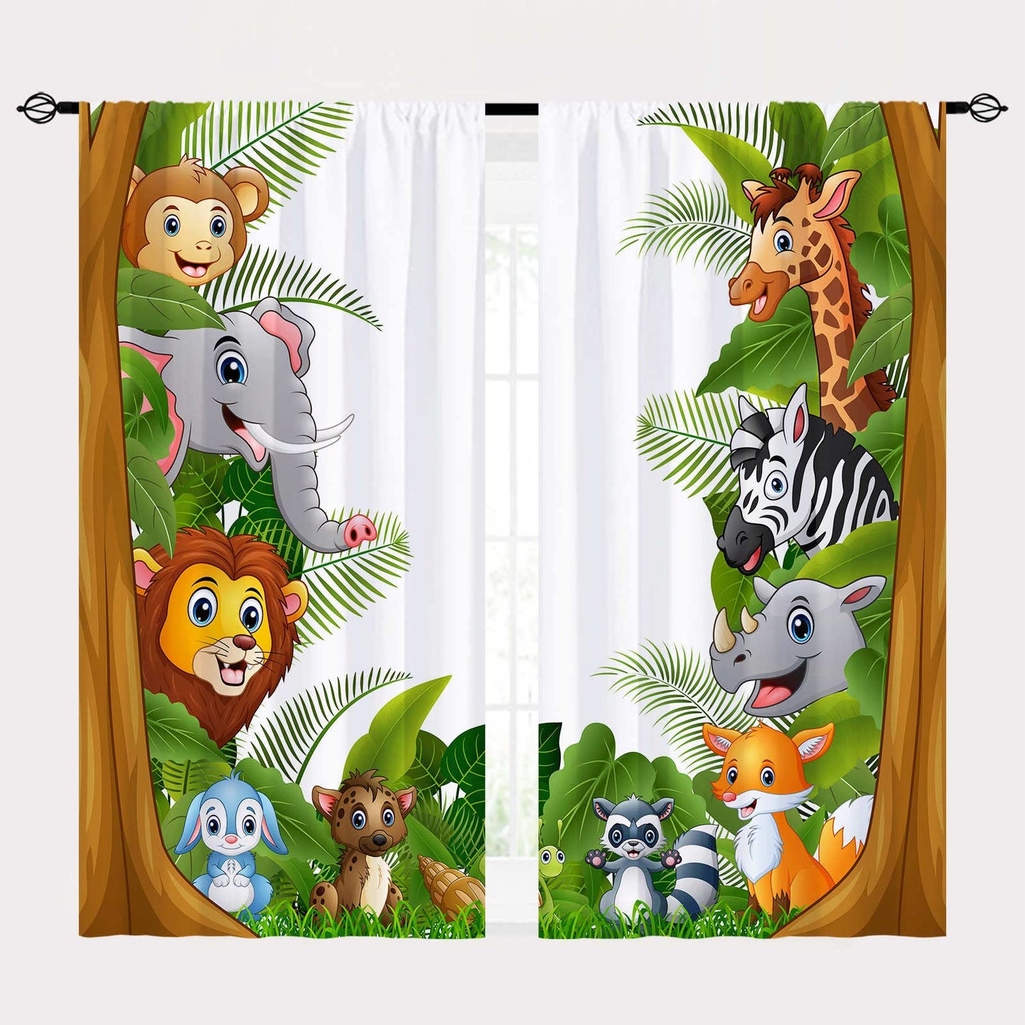 YUANZU Animal Curtains Rod Pocket Kids Boys Girls Forest Giraffe Lion Elephant Monkey Zebra Rhinoceros Jungle Zoo Print Pattern Window Drapes for Nursery Baby Bedroom Playroom W42 x L63 Inch 2 Panels