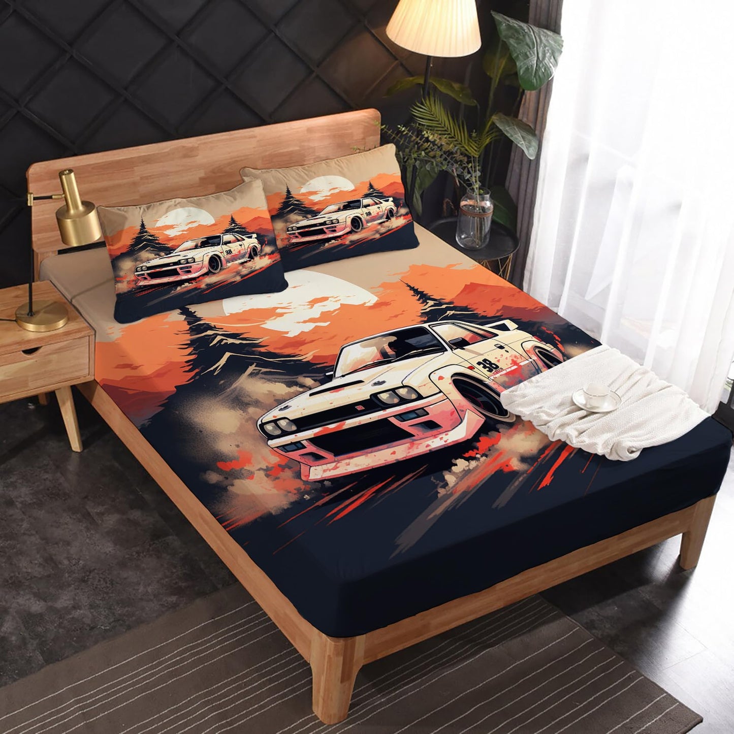 zcsm JDM Car Sheets King Sheet Sets - Japanese Race Car Bed Sheets, Soft Microfiber & Deep Pocket & Wrinkle Free Patterned Bedding Sheets & Pillowcases, 1 Fitted Sheet, 1 Flat Sheet, 2 Pillow Cases