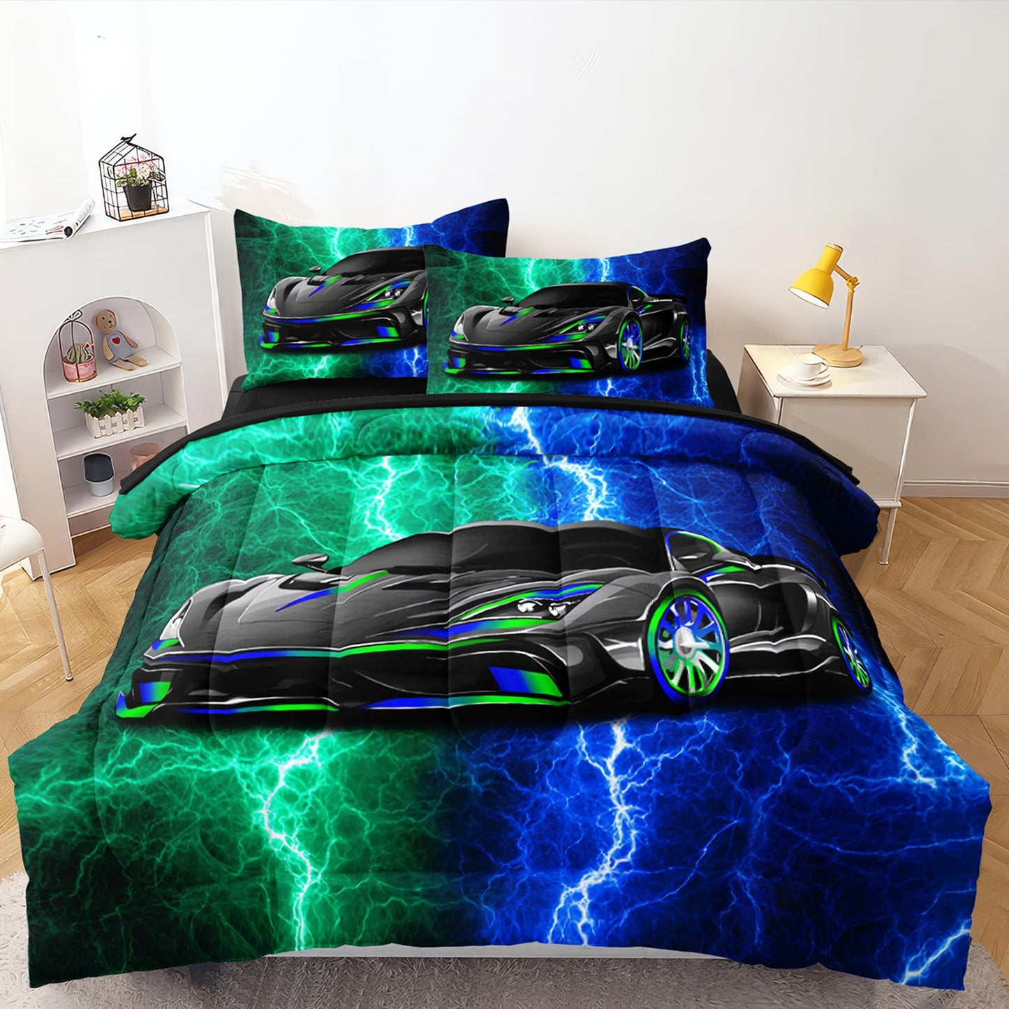 BERTSUCA 5 Pcs Car Comforter Sets for Boys, Cool Blue Green Lightnings Bed in A Bag Full Size Car Bedding Set for Boys Kids