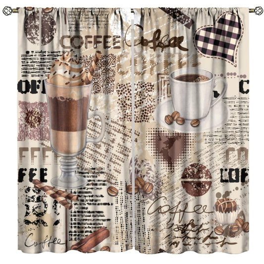 Vintage Coffee Curtains Retro Farmhouse Cafe Bean Cup Rustic Pattern Decor Drapes for Living Room Bedroom,42x45 Inch,2 Panels