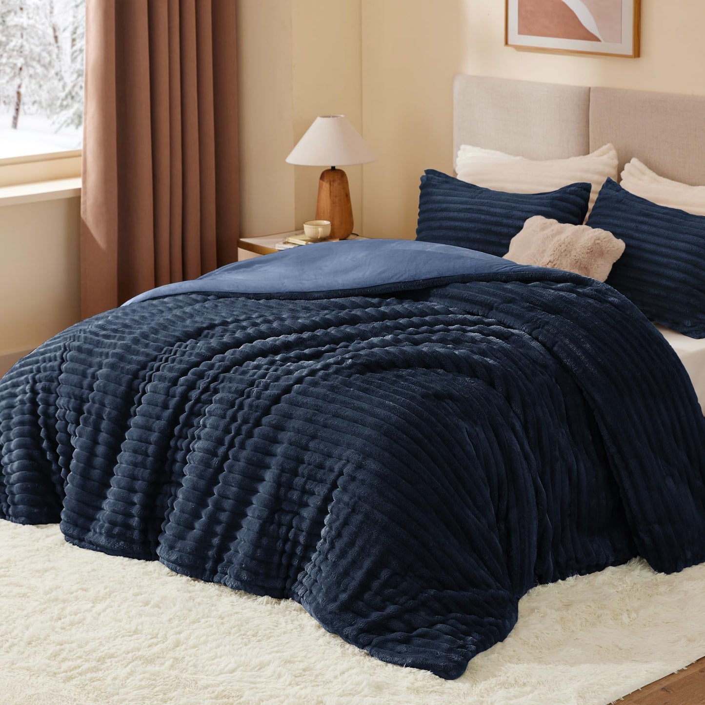 BEDELITE Fleece Queen Comforter Set -Super Soft & Warm Fluffy Navy Blue Bedding, Luxury Fuzzy Heavy Bed Set for All Season with 2 Pillow Cases