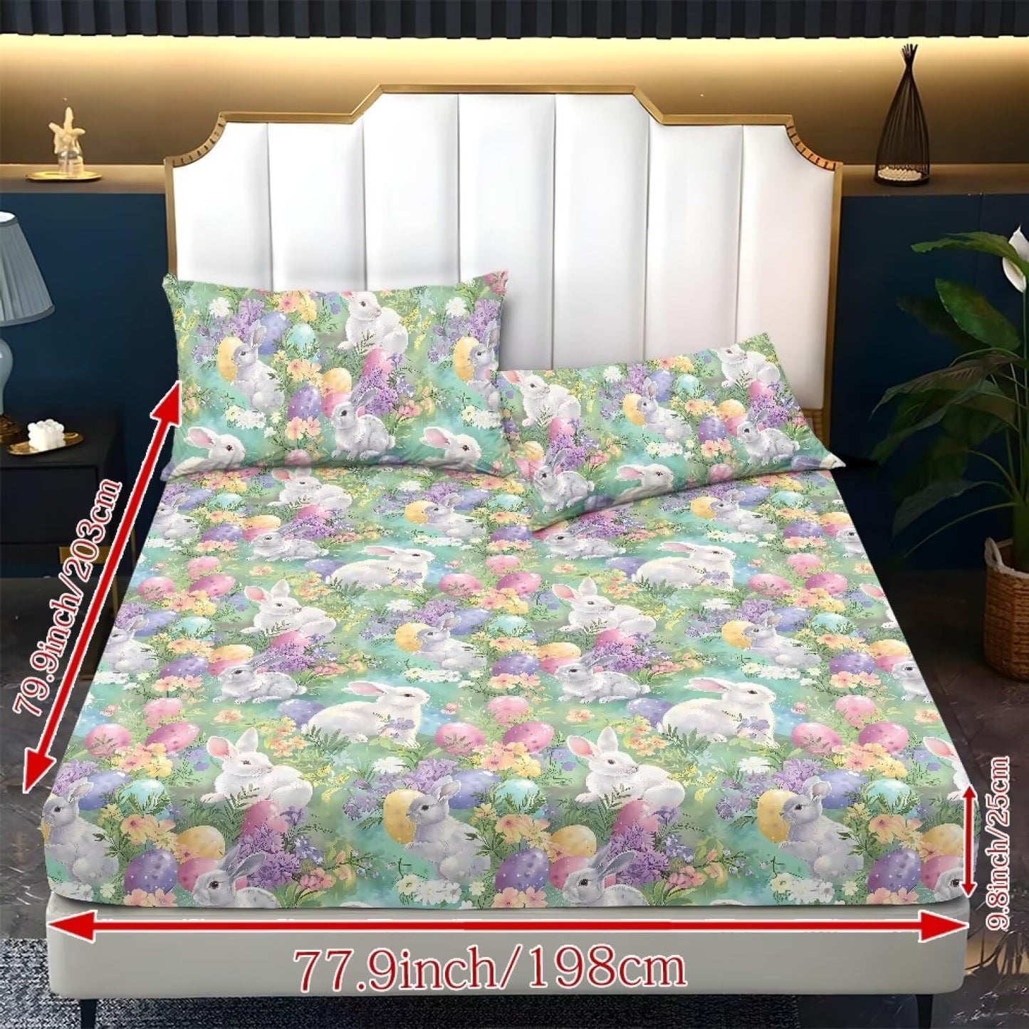 ZDCUSTOM 3pcs Easter Bunny Sheet Set Twin XL Size Cozy Fade Resistant Bedding Sheet Set Fresh Cute Bedsheet with All Around Elastic Home Decor for Twin XL Size Bed, 39" x 79"