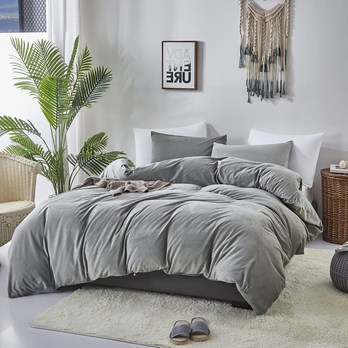 Luxlovery Grey Velvet Comforter Set Queen Men Women Plush Fluffy Dark Grey Bedding Comforter Set Flannel Heavyweight Winter Thick Warm Comforter Set
