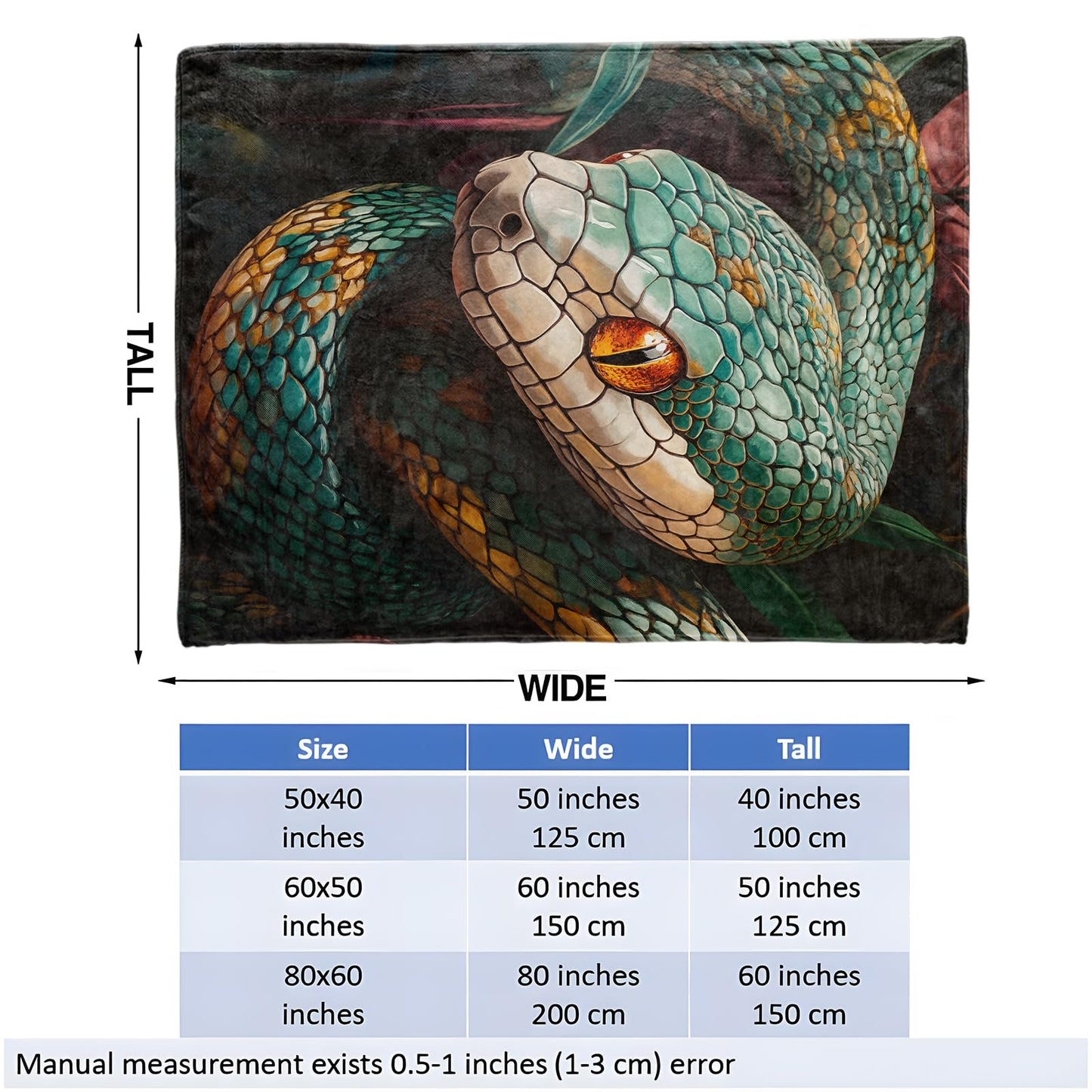 Green Snake Throw Blanket for Girls Boys Kids Adults, 50x60 in, Cozy Flannel Blanket for Bedroom, Camping, Couch, Room Decor, Fuzzy Warm Soft Gifts
