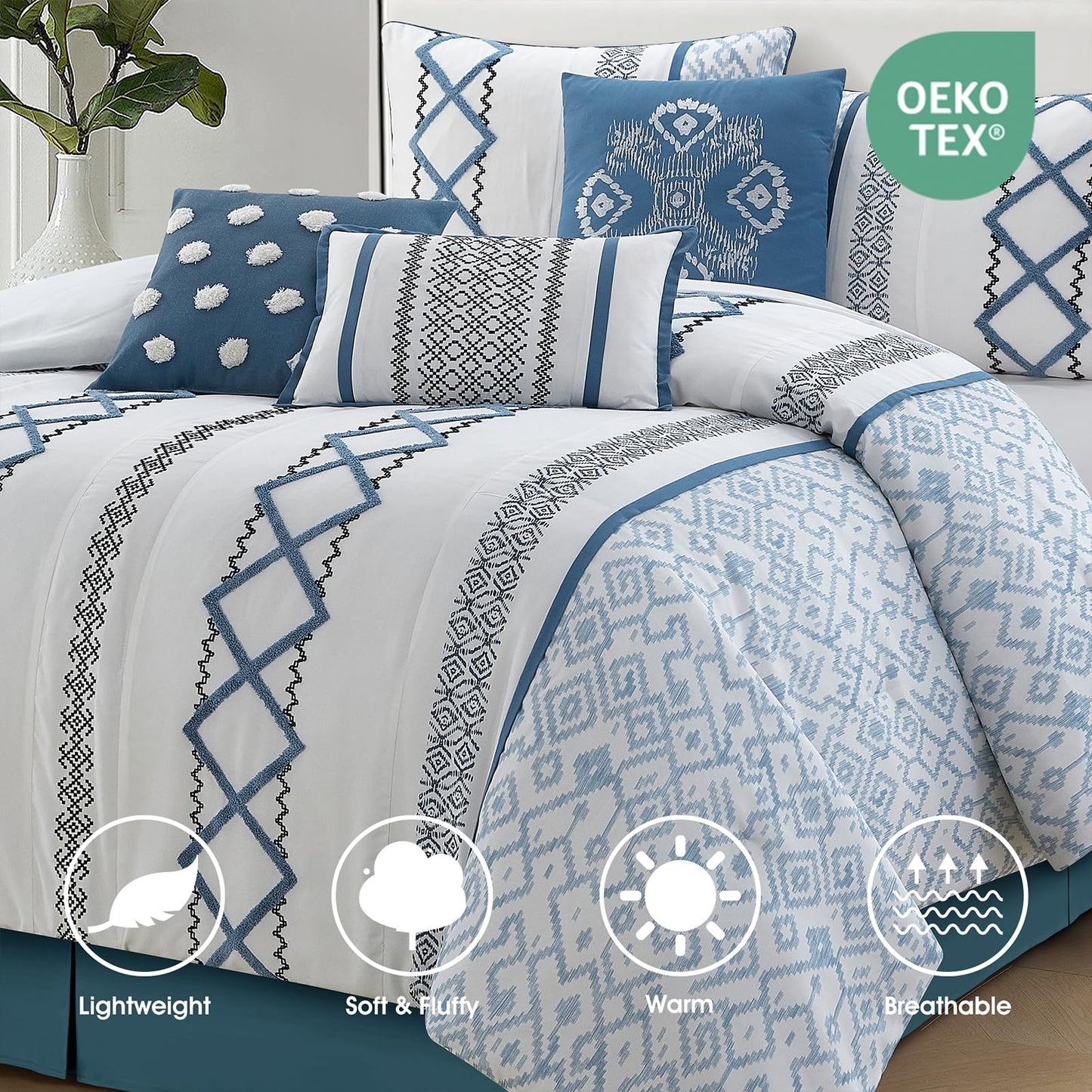 LANCO MODERN LIFESTYLE Blue Queen Comforter Set, 7 Pieces All Season Bedding Sets in a Bag with Geometric Terry Embroidered Comforter, Bed Skirt, Pillow Shams and Decorative Pillows