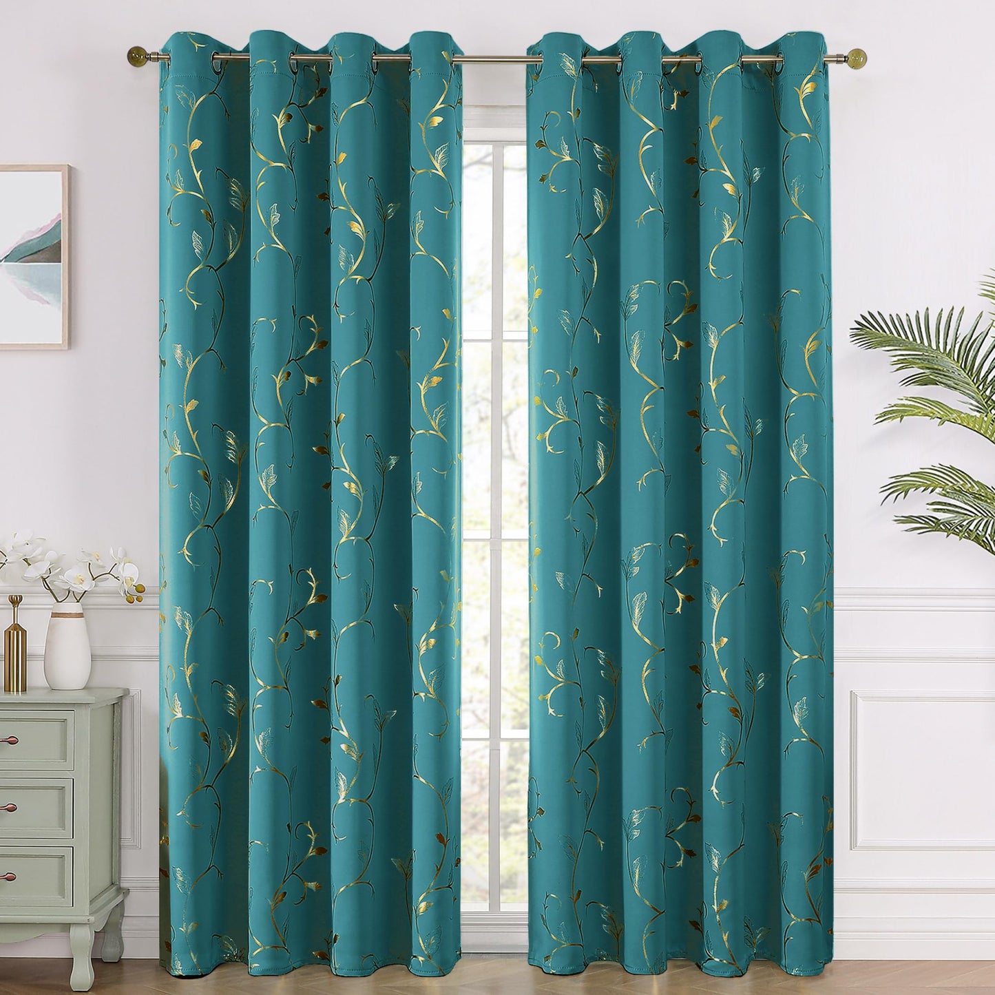 BUHUA Blackout Curtain 2 Panel Set Gold Vine Foil Print Thermal Insulated Drapes Room Darkening Curtains Grommet Window Treatment, 52 x 72 Inch, Teal Blue