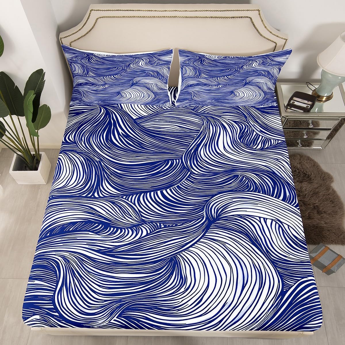 Feelyou Navy Blue Stripes Bed Sheets Set Geometric Sheet Set for Kids Boys Girls Teens Zebra Room Decor Abstract Art Sheets with Deep Pocket Fitted Sheet Queen Size Modern Striped Art Bedding Set 4Pcs