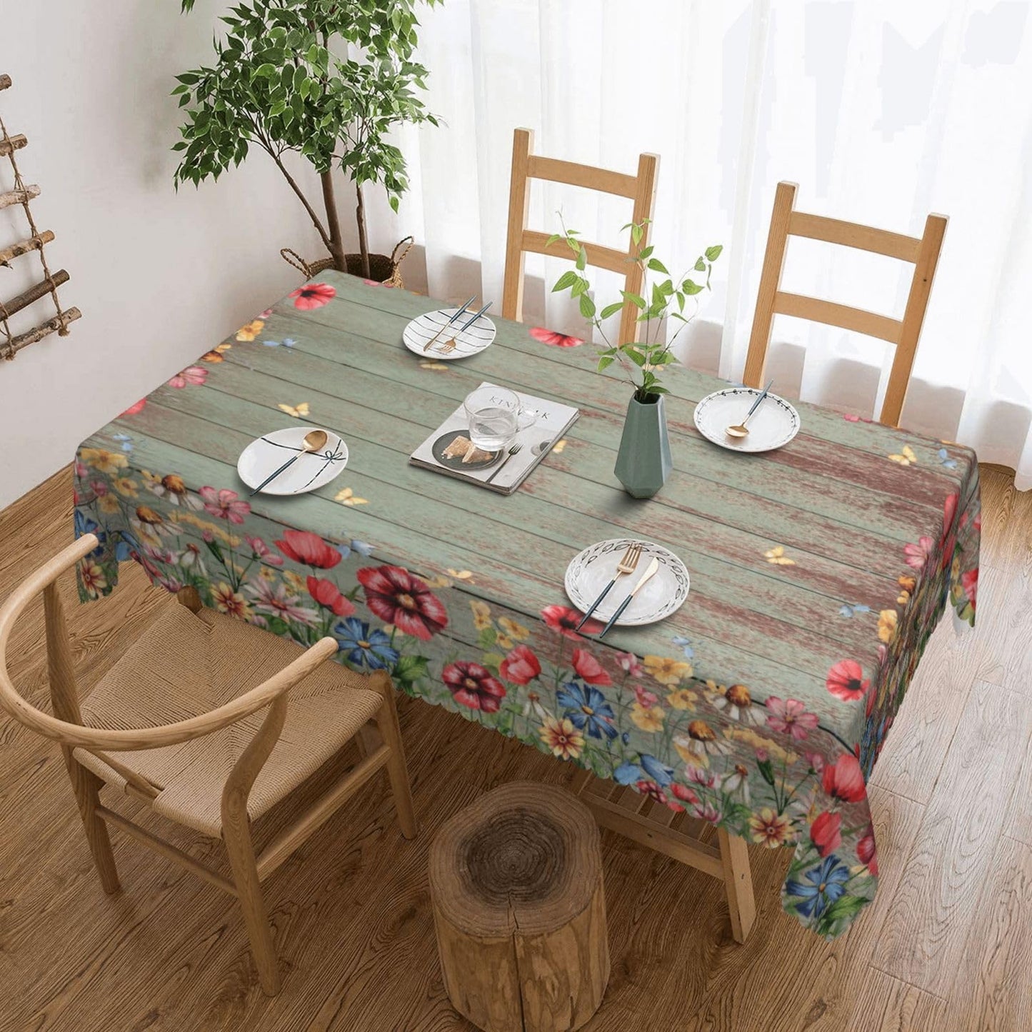XIOURERY Wild Flowers Table Cloths Decorative for Dining Room, Flowers Brown Wood Washable Tablecloth for Home, Restaurant, Outdoor Party Table Cover 54x72 Inch