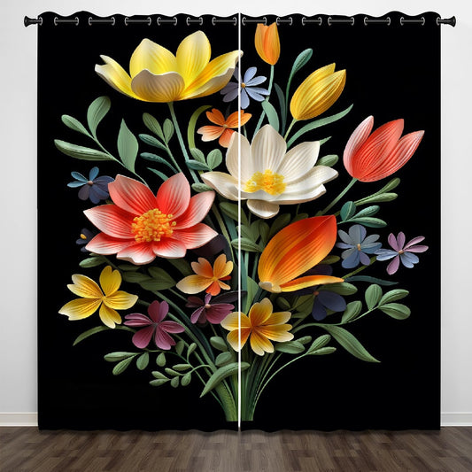 Colorful Abstract Flowers Blackout Curtains, Green Plant Leaves Window Curtain Set of 2 Panels, 3D Printed Energy Saving Noise Reducing Drapes for Bedroom Living Room Decor(52" W x 63 "L)