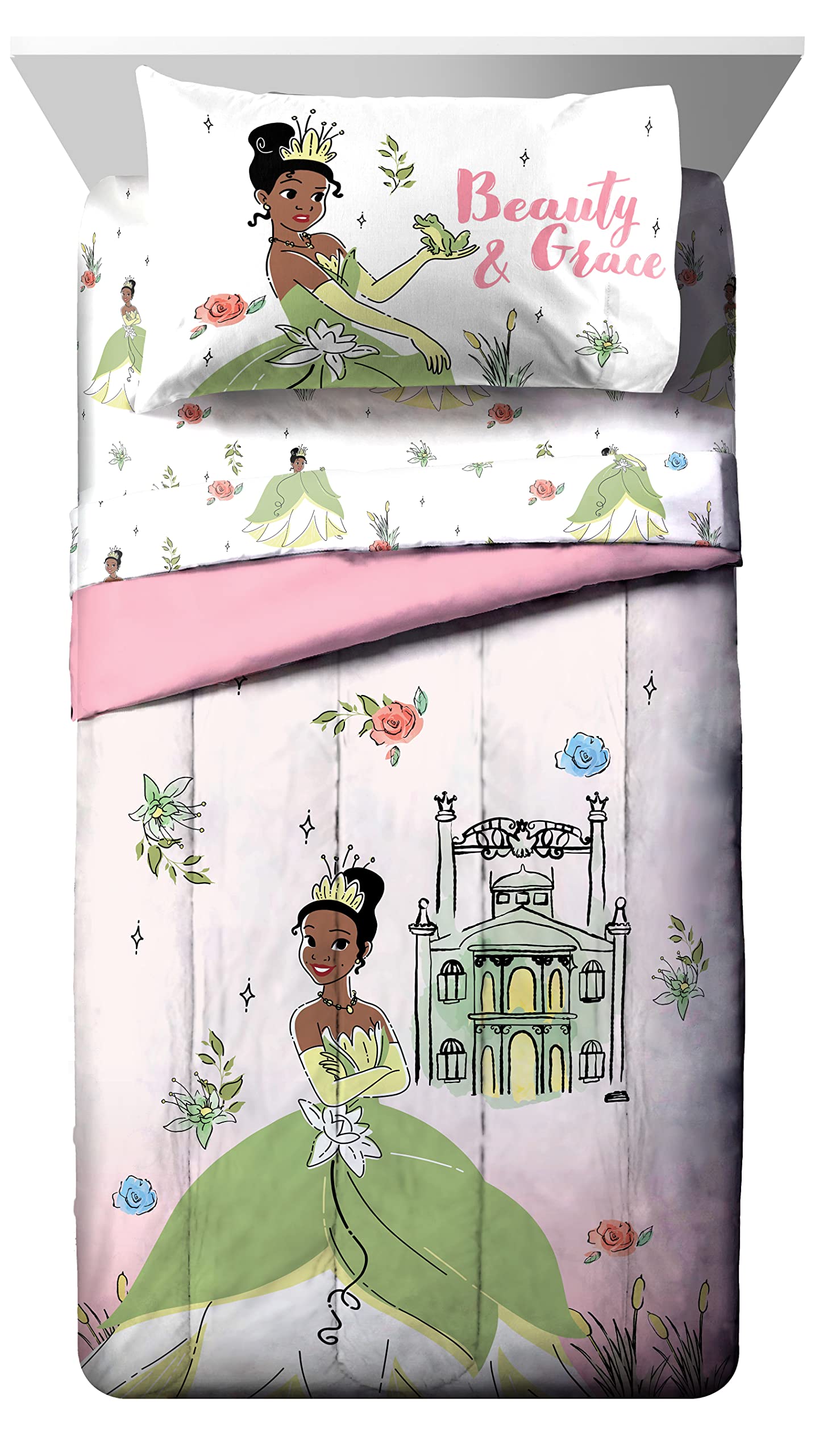 Jay Franco The Princess and The Frog Beauty & Grace 5 Piece Twin Size Bed Set - Includes Comforter & Sheet Set Featuring Tiana - Super Soft Bedding Fade Resistant Microfiber (Official Product)