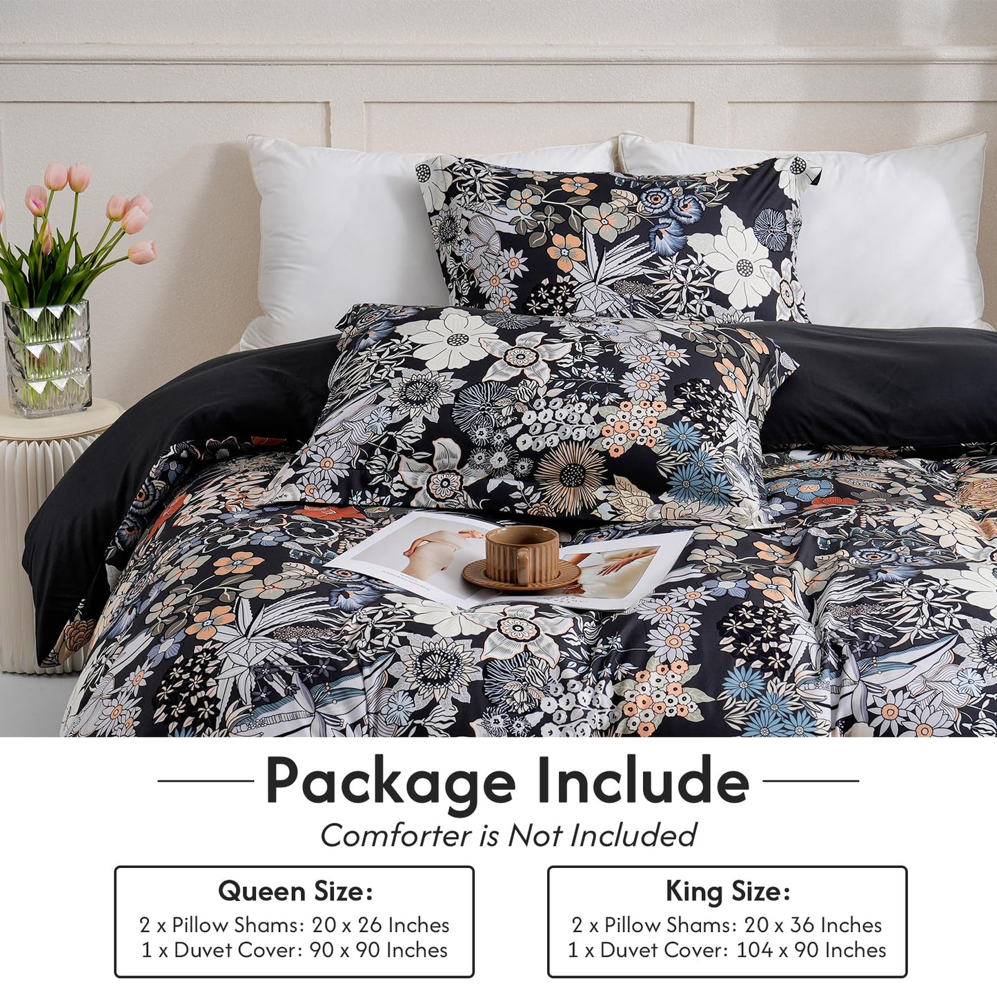 LONAVA Queen Flower 3 Pcs Duvet Cover Set, Breathable Soft Microfiber Black Lining Comforter Cover with Zipper Closure, and 2 Anti-Pilling, Fade Resistant Pillowcases, Midnight Blossoms