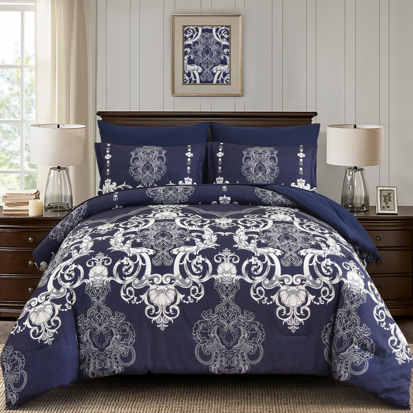 Mybedsoul Navy Blue Queen Comforter Set, 7 Pieces Boho Bed in a Bag for Queen Bed, Damask Comforter with Sheets Pillowcases, Soft Microfiber Lightweight Bedding Sets for All Season(90"x90")
