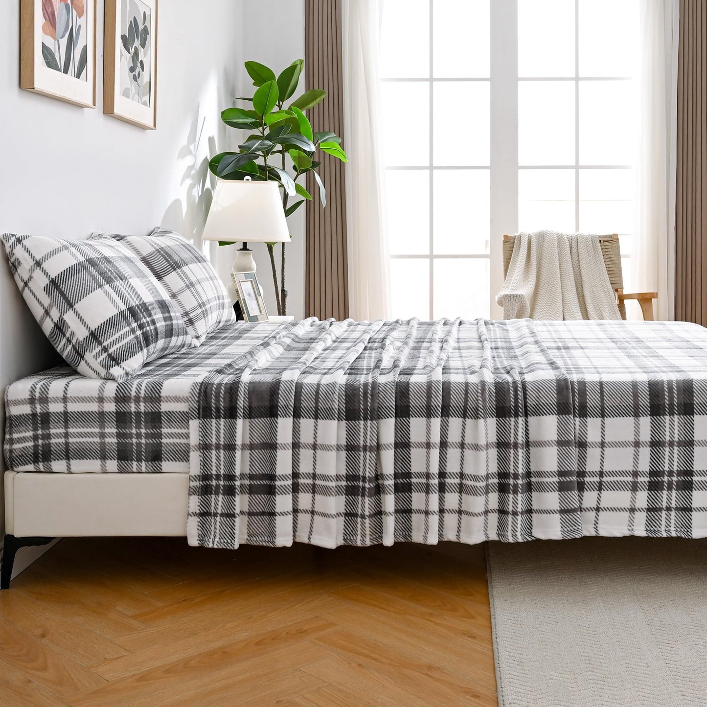 Viviland Plush Micro Polar Fleece Full Bed Sheet Set, Cozy Flannel-Like Velvet/Velour Fitted Sheets with 15" Deep Pocket, Fuzzy Warm Winter Double Sheets & Pillowcase Set, Gray and White Plaid