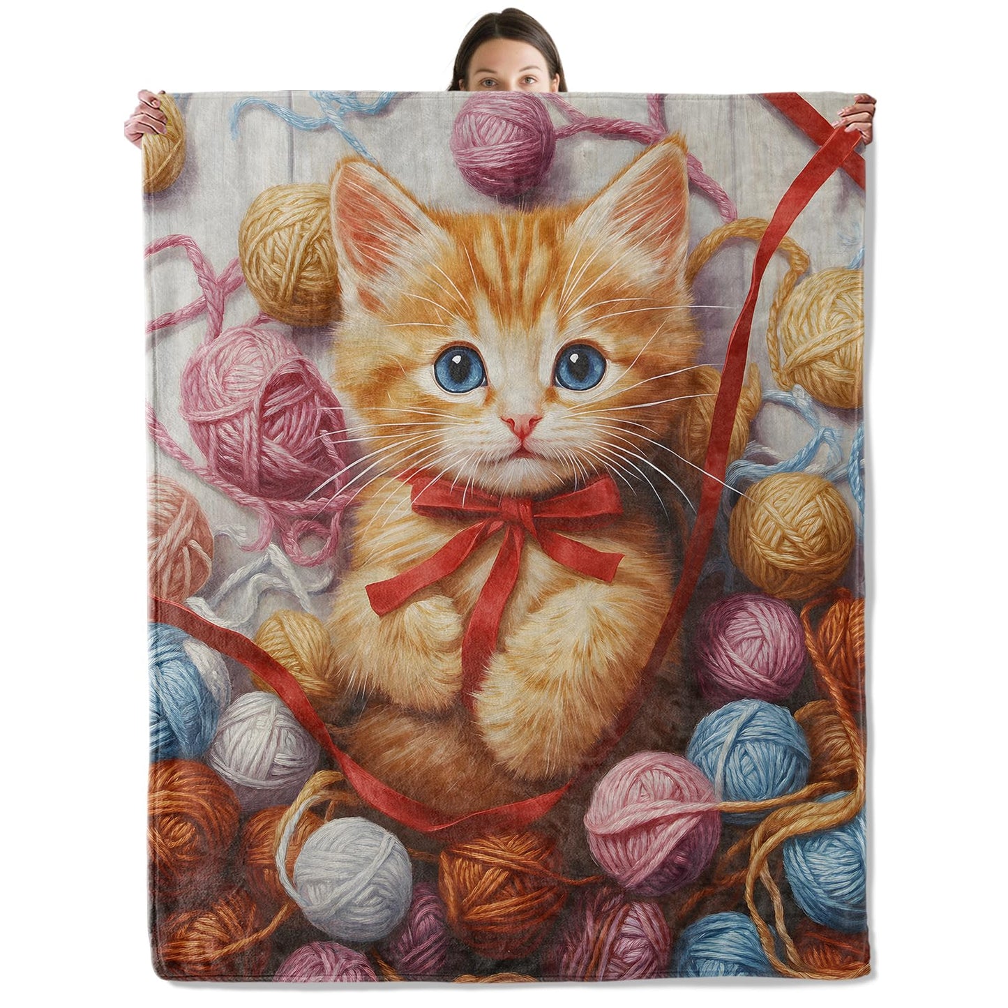 wyxdwh Cute Cat with Yarn Ball Blanket, Cozy Flannel Sweet Orange Tabby Throw Blanket for Couch Outdoor, Plush Soft Lightweight Travel Blankets for Bed Decor and Gifts, for Women Kitten Lovers 50"x60"