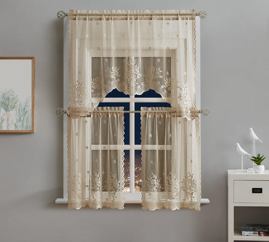 Warm Home Designs 3 Piece Gold Linen Kitchen Window Curtains Bundle Includes 2 36 Inch Tiers & Swag Valance. Roses Kitchen Curtains Set for Roses Decor. Kir Linen Set