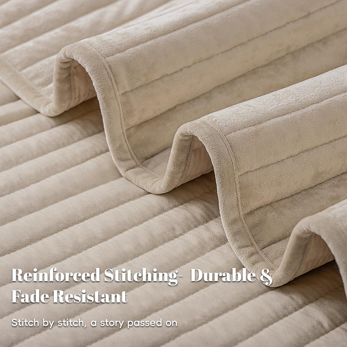 PHF Luxury Velvet Quilt Set Queen Size – 3PCS Ultra Soft Quilted Comforter Alternative with Striped Channel, Cozy Quilted Bedspread, 1 Coverlet with 2 Matching Shams, 90" x 92", Oxford Tan