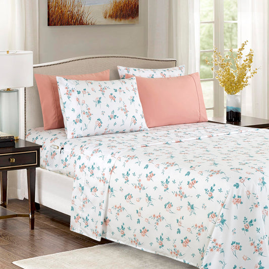 Elegant Comfort Softest and Coziest 6-Piece Sheet Set - 1500 Premium Hotel Quality Microfiber - Deep Pocket, Wrinkle Resistant 6-Piece Floral Bed Sheet Set, Queen, Celia Pink