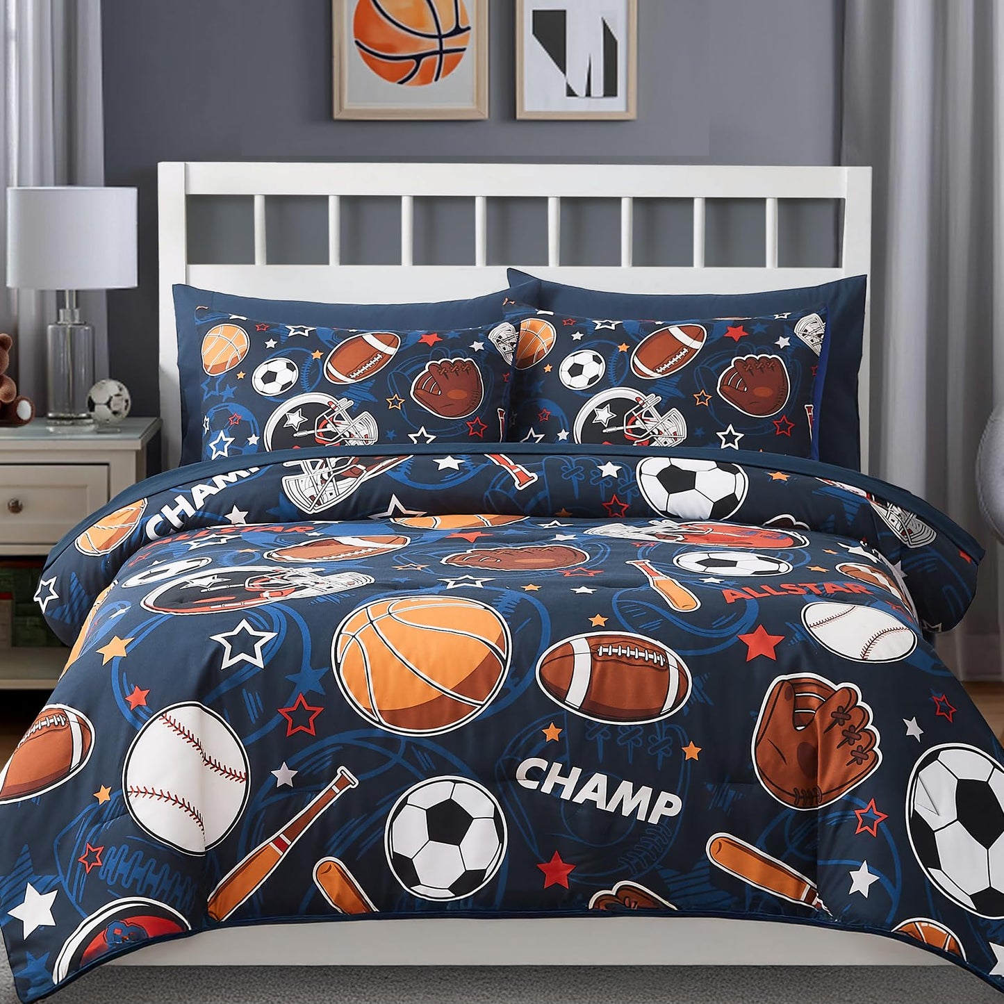 Wink Deer Full Size Comforter Set for Boys-7 Pieces Sports Ball Games Glow in the Dark Full Bedding Sets for Kids, Ultra Soft Bed in A Bag with Sheets