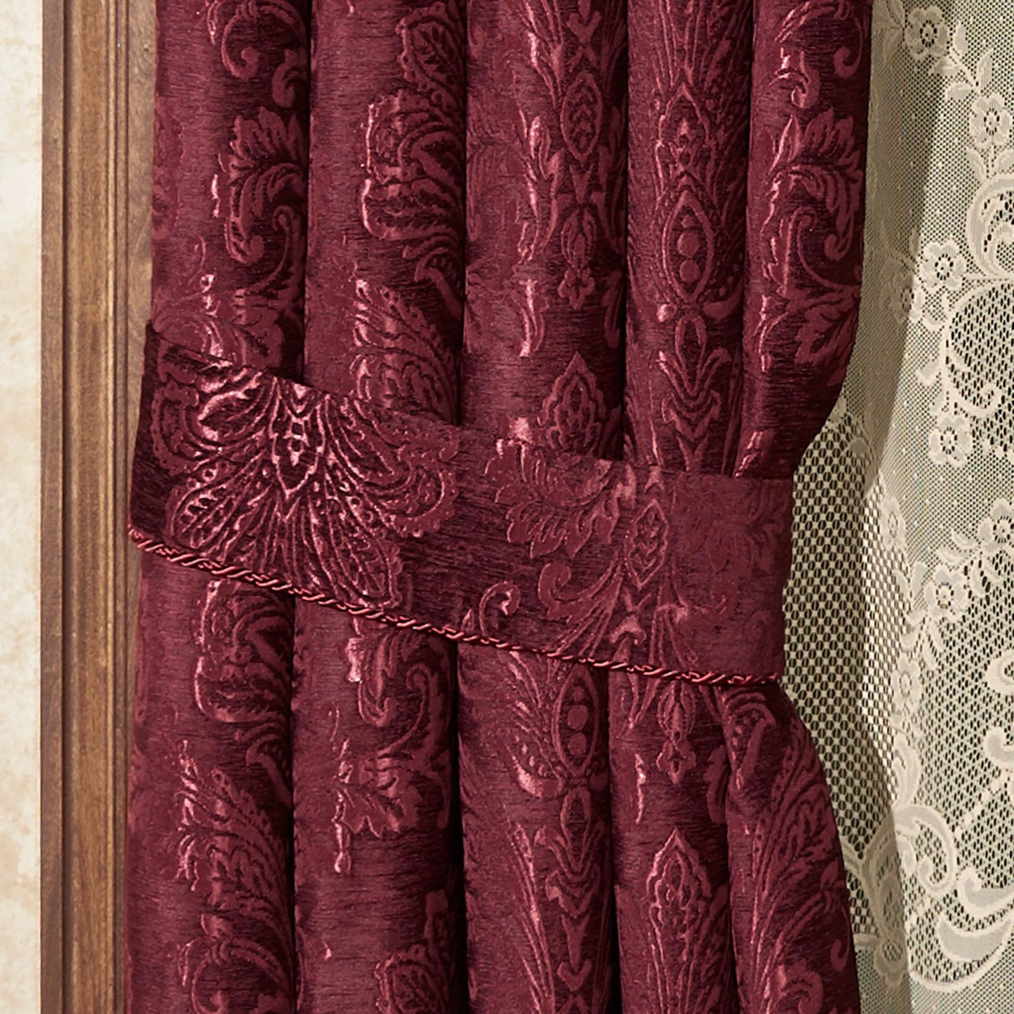 Touch of Class Camelot Luxury Window Treatment | Robust Burgundy | Matte Satin Damask on Richly Textured Jacquard-Woven Chenille Design | Drapery Set Includes Scalloped Valance and 84L Curtain Pair