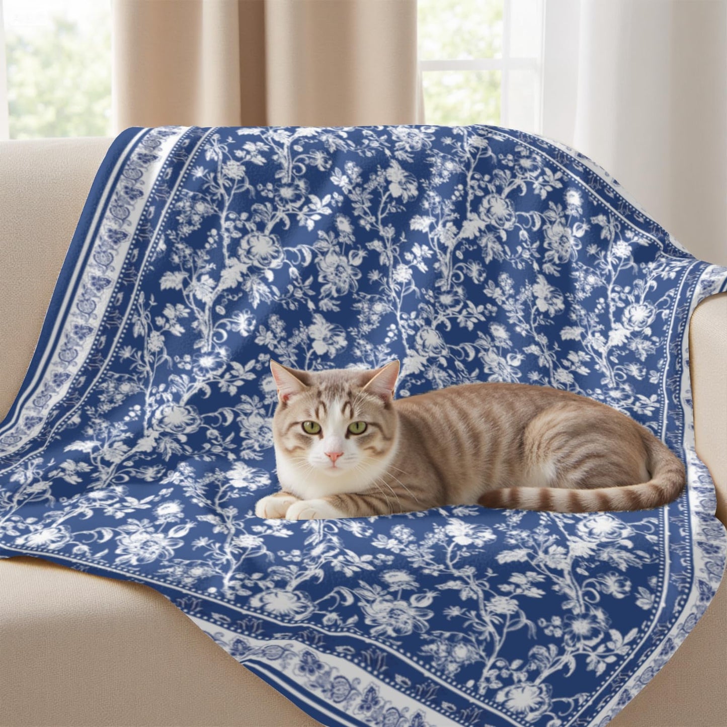 Blue White Floral Blanket for Bed, Couch, Soft Cozy Flannel Chinoiserie Throw Blanket Reversible Sofa Lightweight Breathable Rustic Stylish Home Decor Blanket Navy Blue 50 x 60 Inch