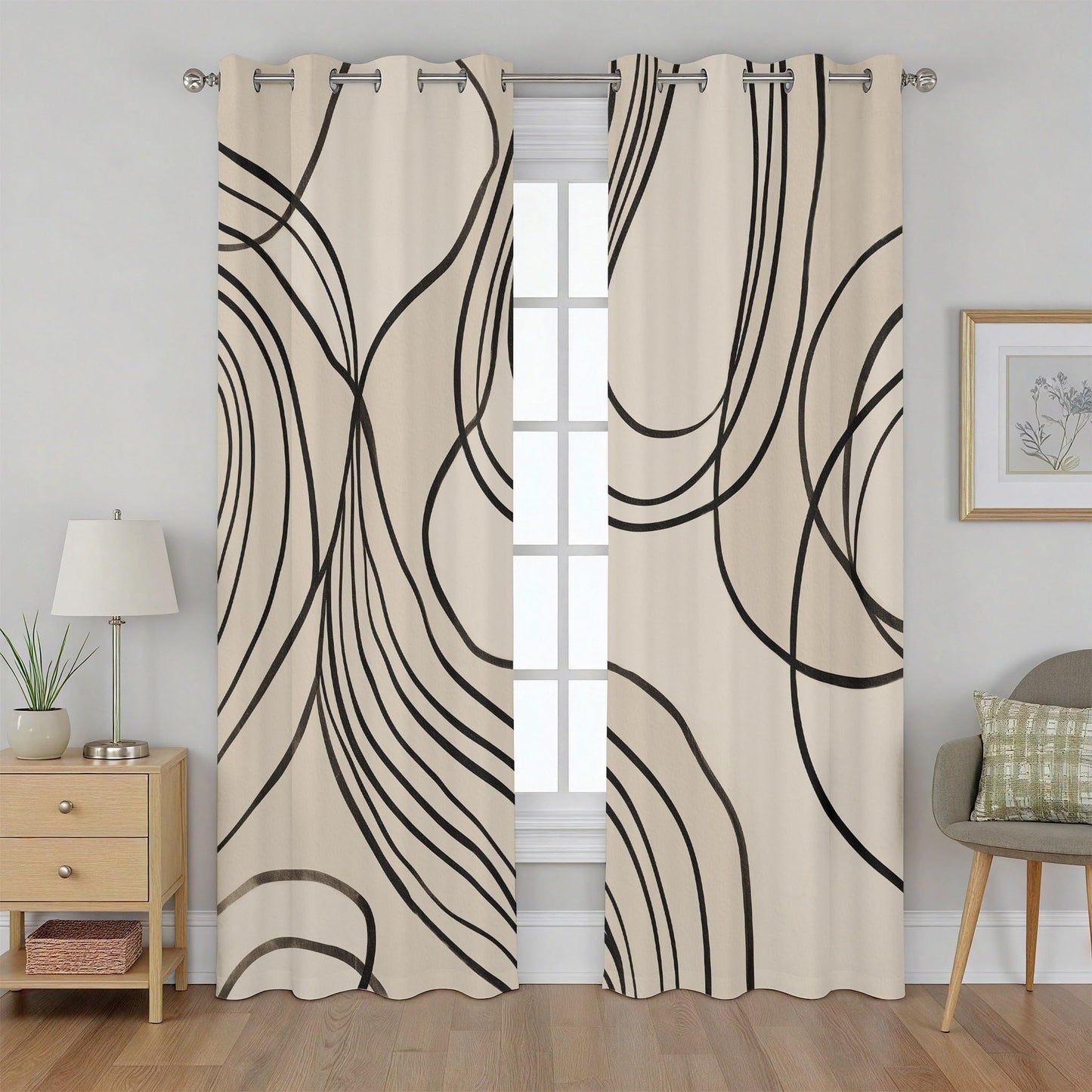 Modern Curtains Blackout, Abstract Line Curtains, Contemporary Neutral Curtain for Windows, Minimalist Japandi Wabi-Sabi Drapes for Bedroom Living Room, Grommet Curtain 84 Inches Long 2 Panel Set