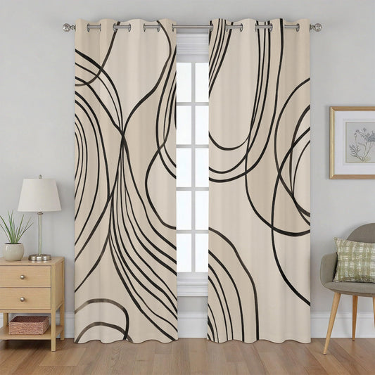 Modern Curtains Blackout, Abstract Line Curtains, Contemporary Neutral Curtain for Windows, Minimalist Japandi Wabi-Sabi Drapes for Bedroom Living Room, Grommet Curtain 84 Inches Long 2 Panel Set