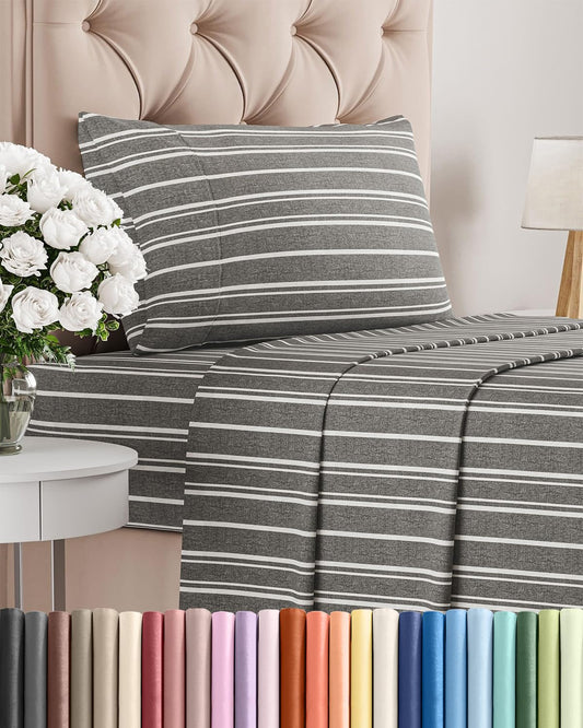 Twin Size 3 Piece Sheet Set - Comfy Breathable & Cooling Sheets - Hotel Luxury Bed Sheets for Women & Men - Deep Pockets, Easy-Fit, Soft and Wrinkle Free Sheets - Grey Stripes Oeko-Tex Bed Sheet Set
