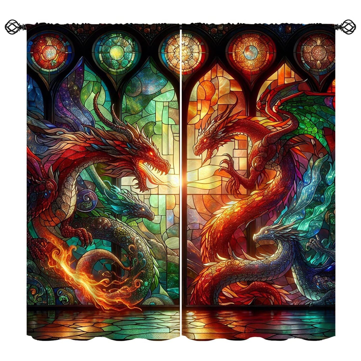 FengMingRui Western Dragon Kids Window Curtains, Stained Glass Green Red Dragon Natural Window Treatments for Boys Girls Bedroom Game Room Window Drapes 42" W X 45" L