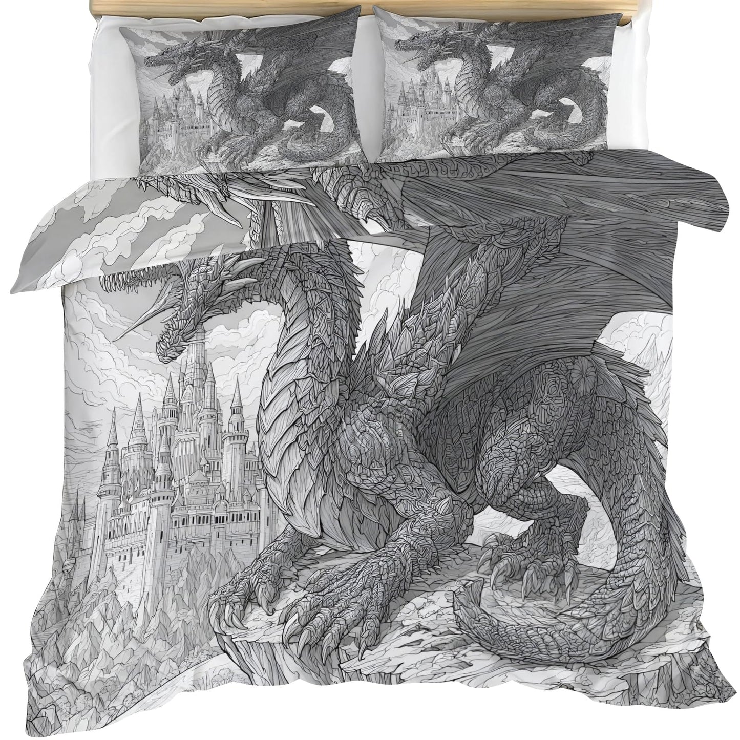 Dragon Duvet Cover Set Twin Size for Teen Boys Adult, Black and White Line Art Dragon Bedding Sets 3 Pieces Bedroom Decorative Bedspread for Men, Fantasy Art Animal Duvet Cover with 2 Pillowcases