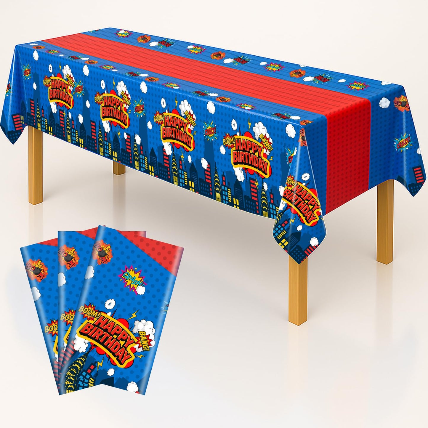 iCrius 3 Piece Party Tablecloth Rectangle Table Covers for Birthday Party Decorations, 108"x54" Plastic Table Cloth Disposable, Hero Themed Birthday Celebration Supplies Blue Skyscraper (3)