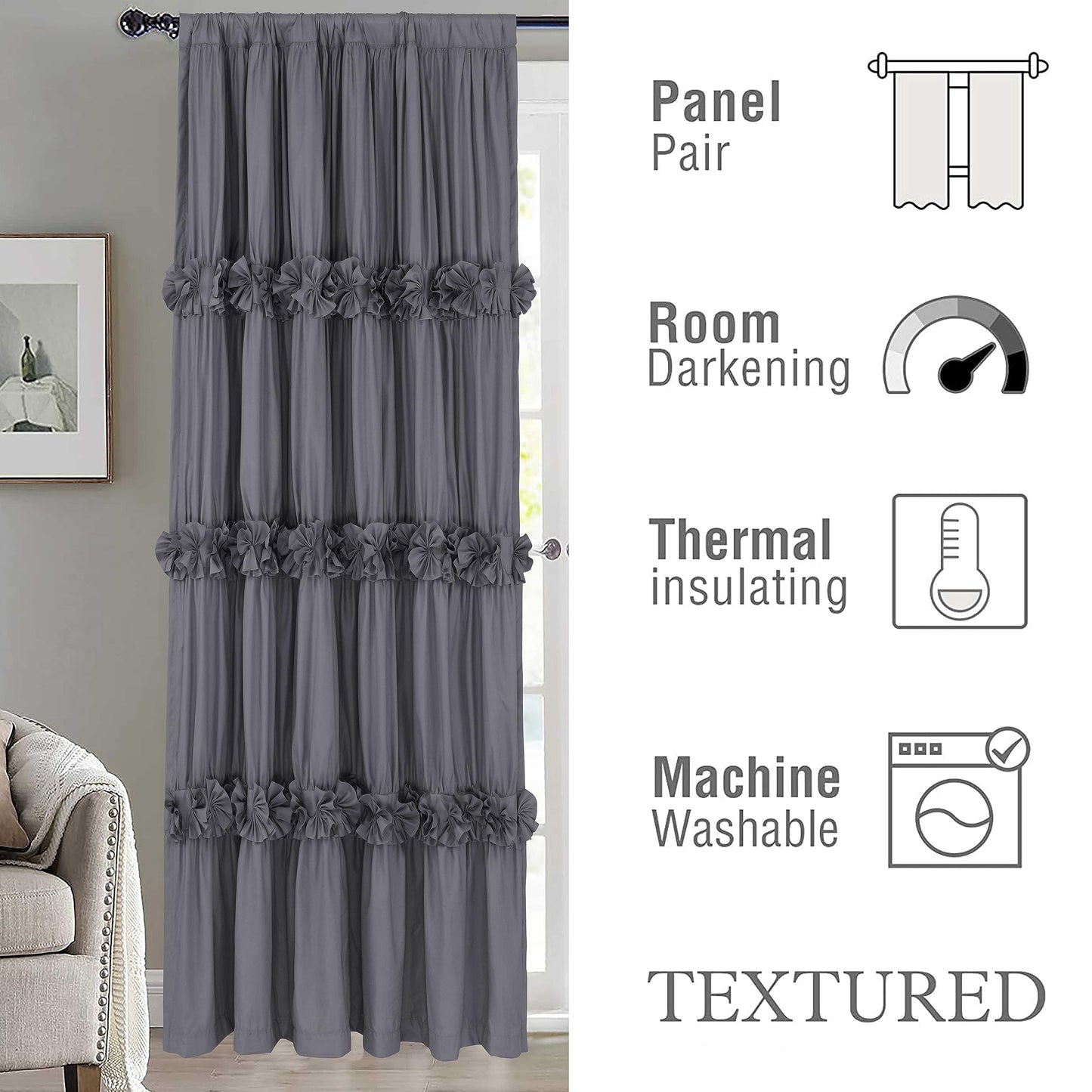 Homechoice Decor Thermal Insulated Blackout Window Curtains, 54" W x 84" L x 2 Panels, Boho Ruched Window Treatments with 3 Rows of Butterfly Flowers, Rustic Rod Pocket Drapes for Room, Gray (LQ-30)