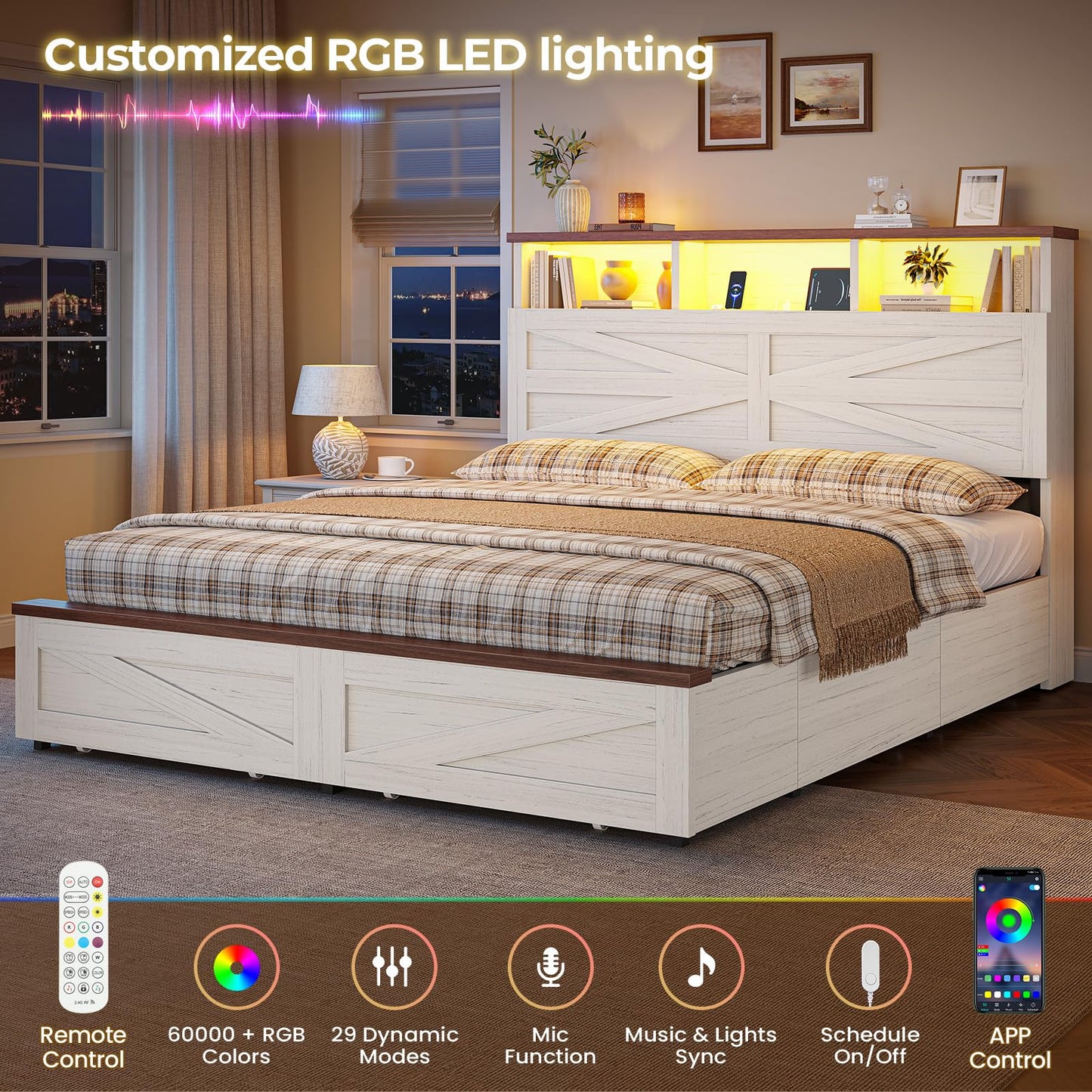 VIAGDO Full Size Bed Frame with 6 Drawers, Farmhouse Bed Frame with Barn Door Headboard and Storage, Wood Platform Bed Frame Full Size with Charging Station and LED Lights, No Box Spring Needed, White