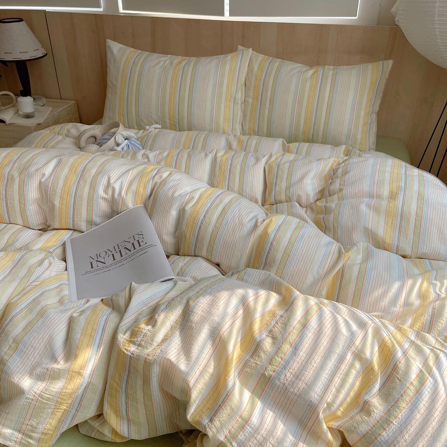 EAVD Retro Striped Duvet Cover Queen Soft Washed Cotton Colorful Wide Pinstriped Bedding Set with 2 Pillowcases Modern Farmhouse Geometric Pattern Duvet Cover with Zipper Closure