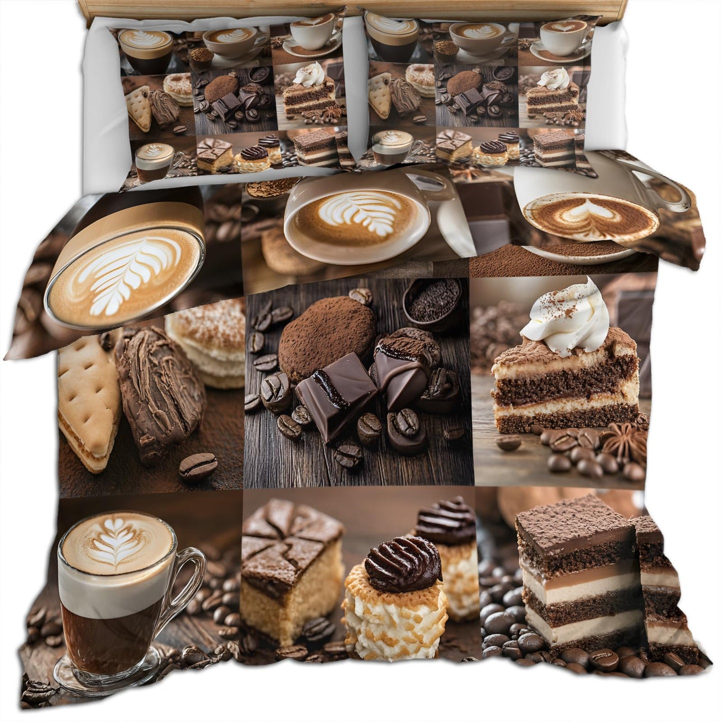 PAISUOQ Coffee Duvet Cover Queen Size, European Retro Bedding Sets, 3 Piece, Soft Microfiber Patterned Comforter Cover with Zipper Ties & 2 Pillowcase, Cafe Restaurant Bedroom Decor & Gifts