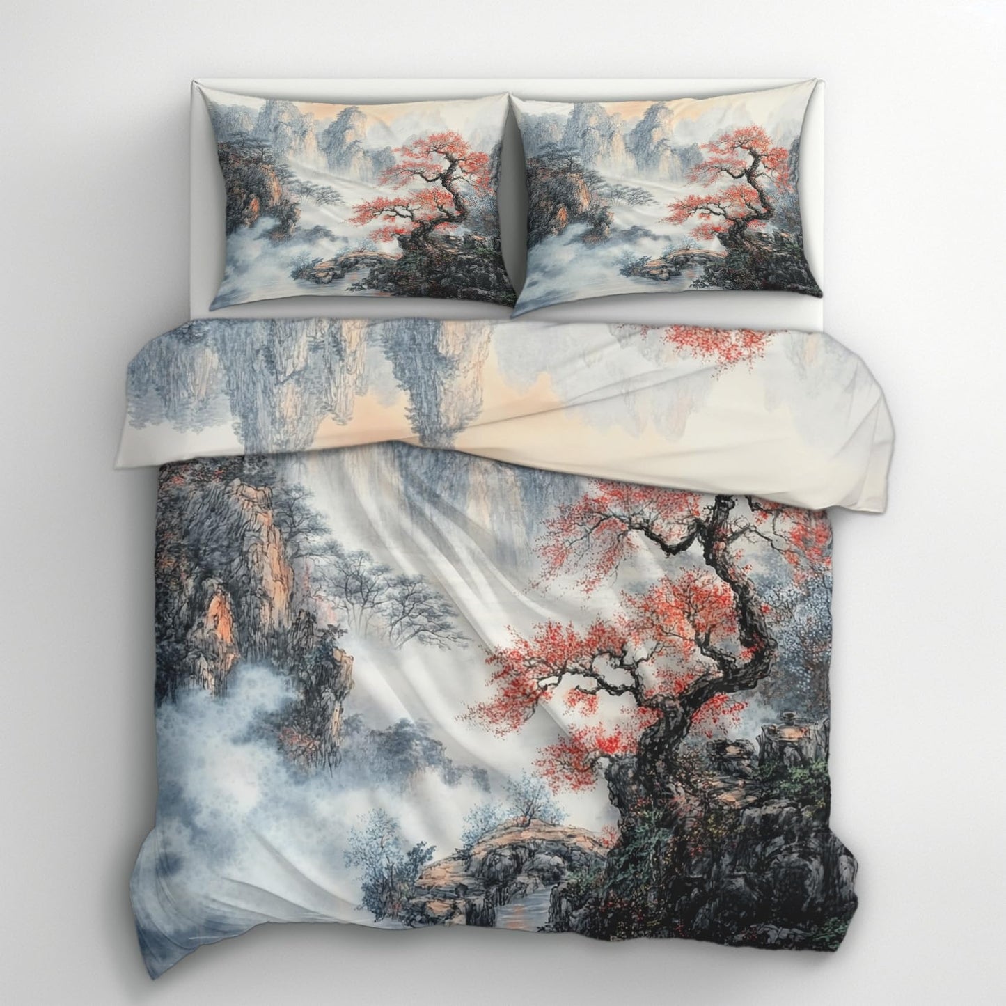 zcwl Chinese Landscape Duvet Cover Oversized King Size | Mountain Tree Bedding Set | 3 Piece | Soft Microfiber Patterned Comforter Cover with Zipper Ties & 2 Pillowcases | Nature Scenery Bedroom Decor
