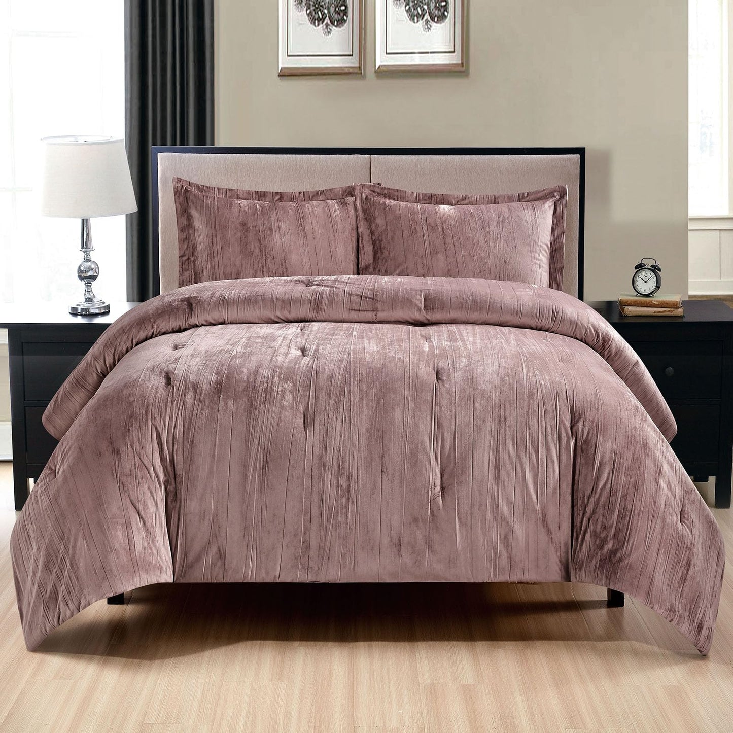 Fredsure Crinkle Velvet Comforter Set, 3 Pieces Dusty Mauve King, Crinkle Velvet Face and Brushed Microfiber Reverse, with Light Poly Fill